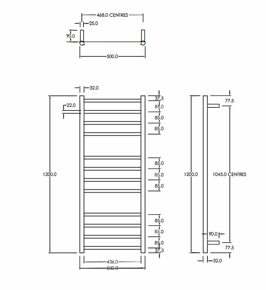 CODE ROUND HEATED TOWEL LADDERS 1200X500MM - 7 COLOURS