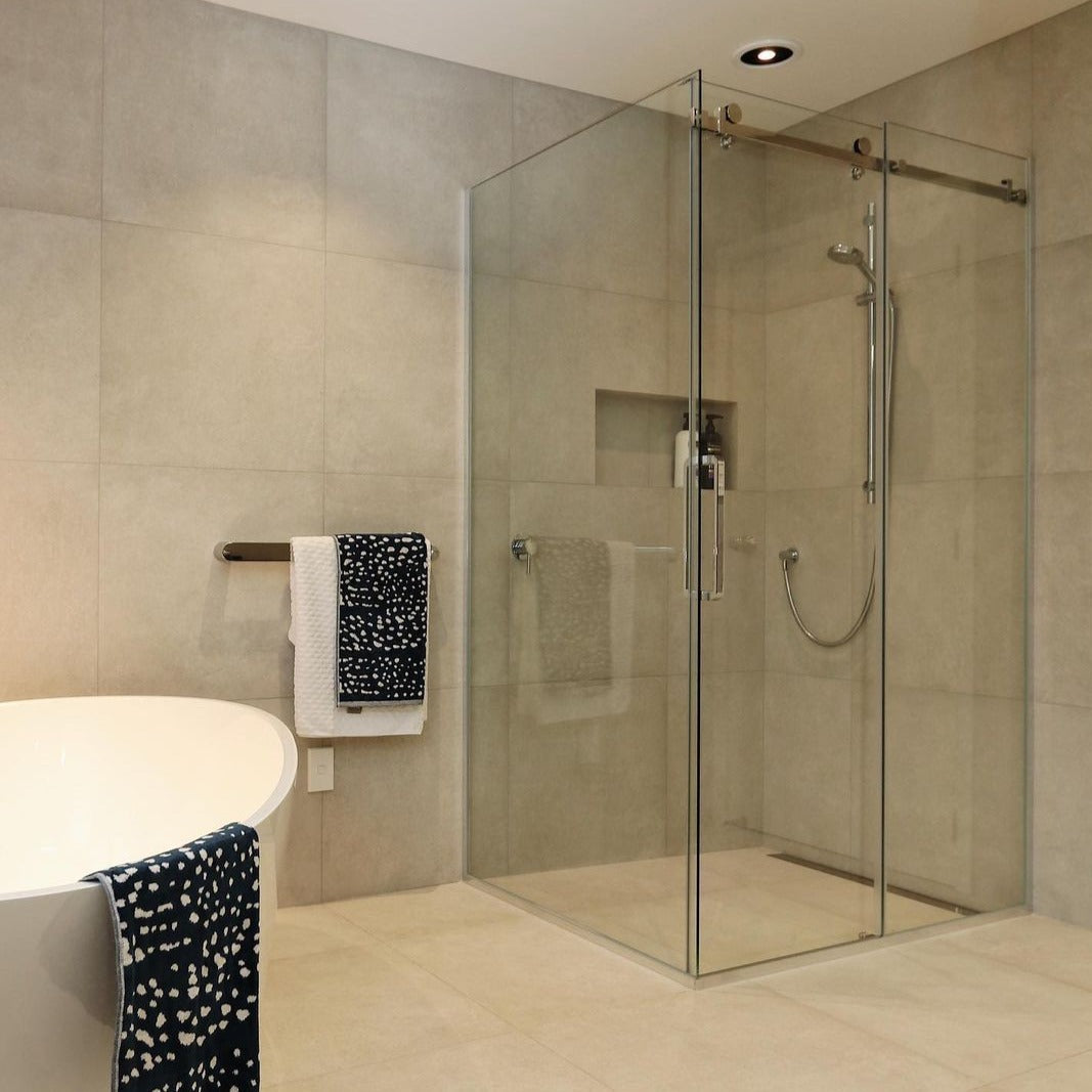 ELITE TILED CHANNEL DRAIN LUXURY FRAMELESS SLIDING SHOWER KIT CHROME
