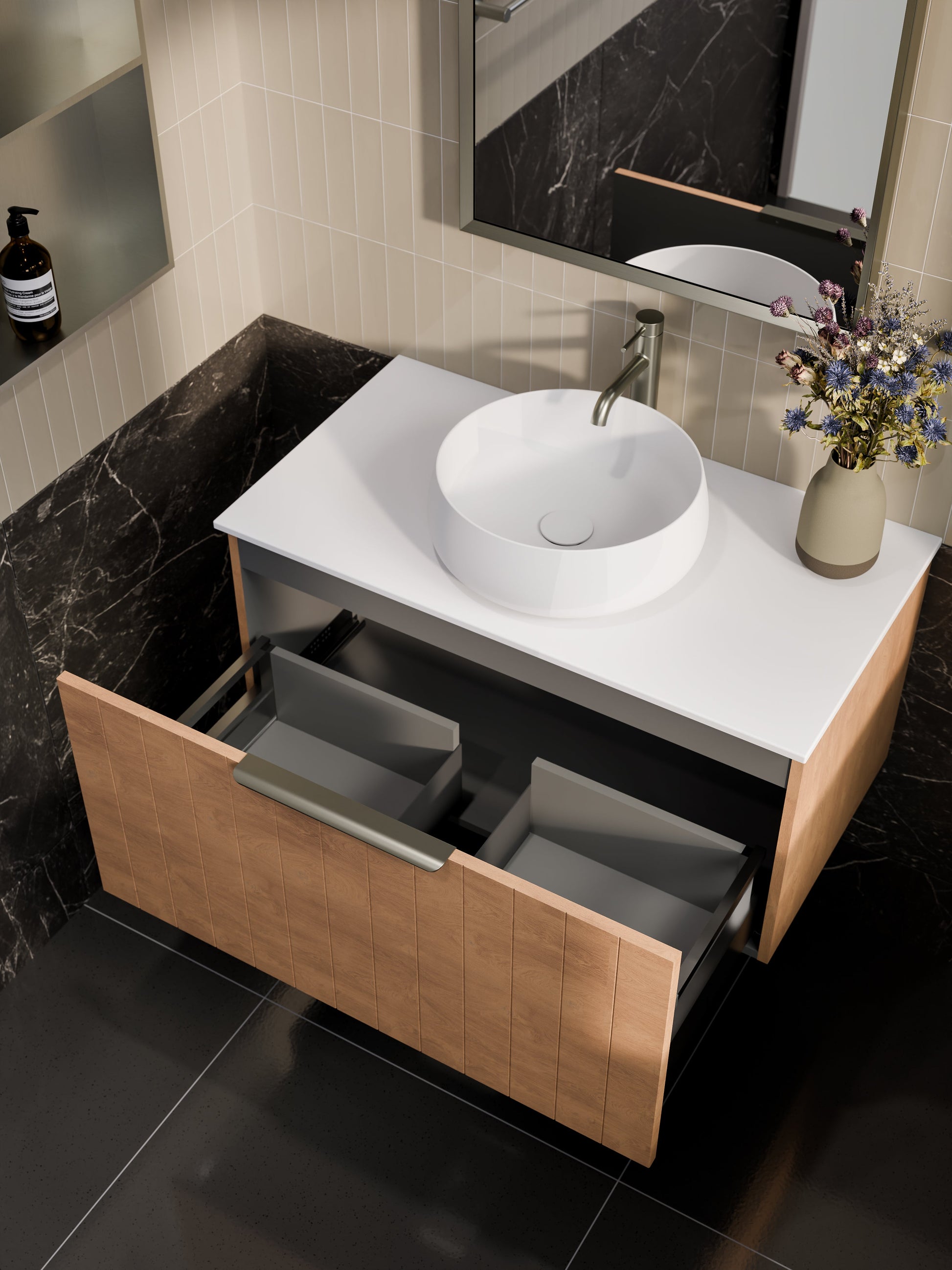 Lineare 900 Vanity | Single Drawer | Flat Slab Top | Coastal Front
