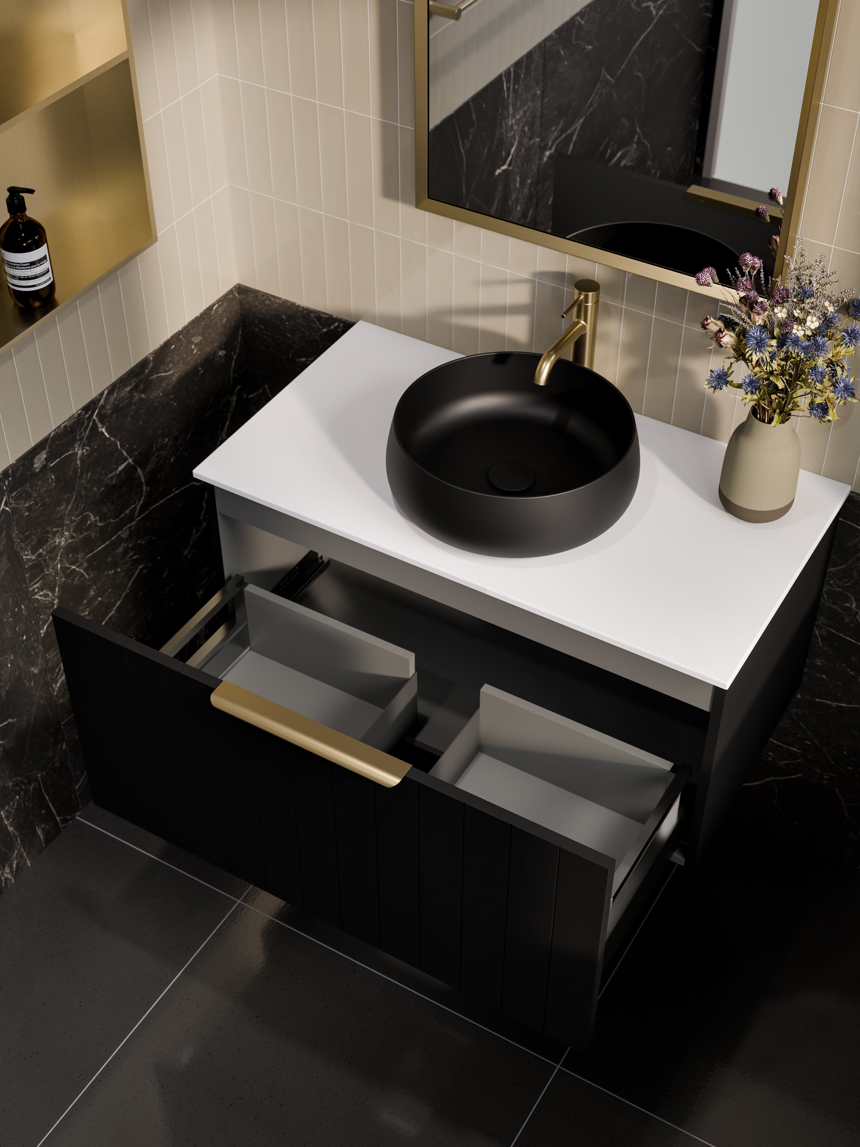 Lineare 900 Vanity | Single Drawer | Flat Slab Top | Coastal Front