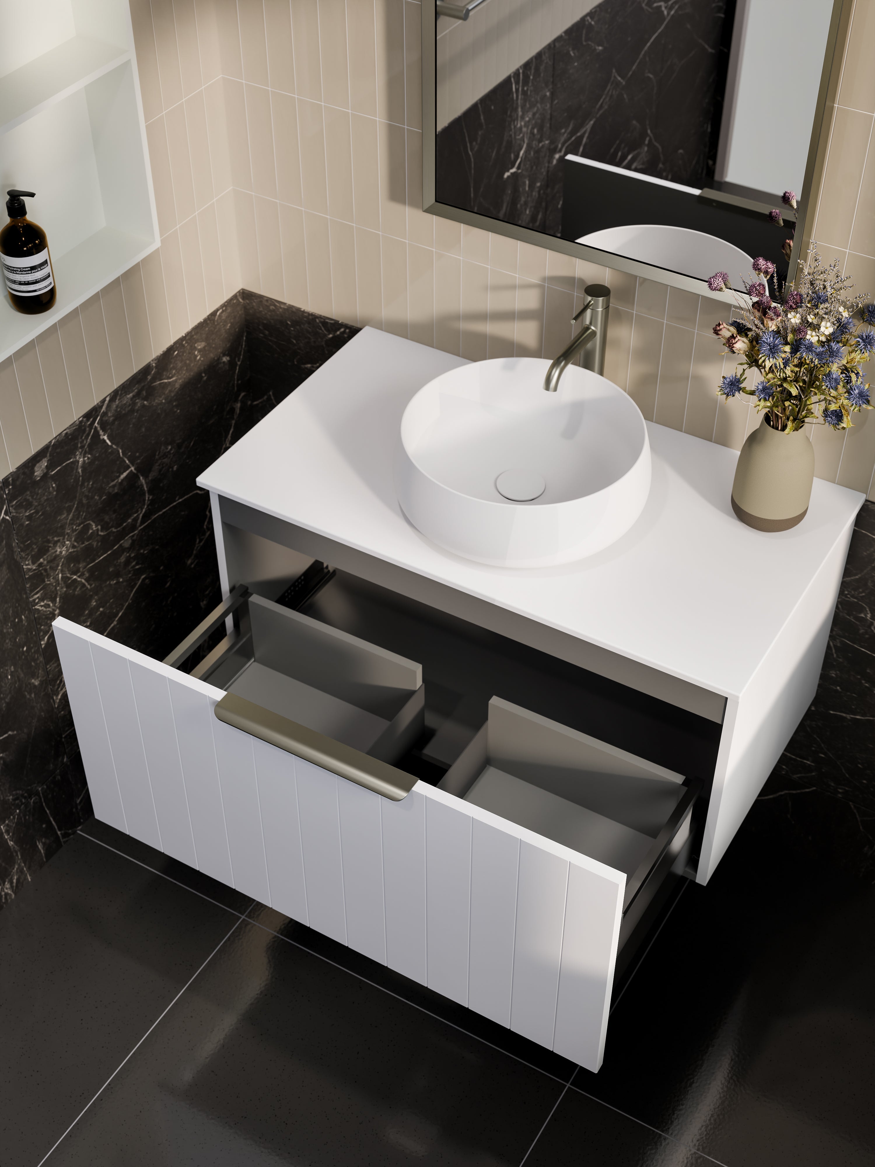 Lineare 900 Vanity | Single Drawer | Flat Slab Top | Coastal Front
