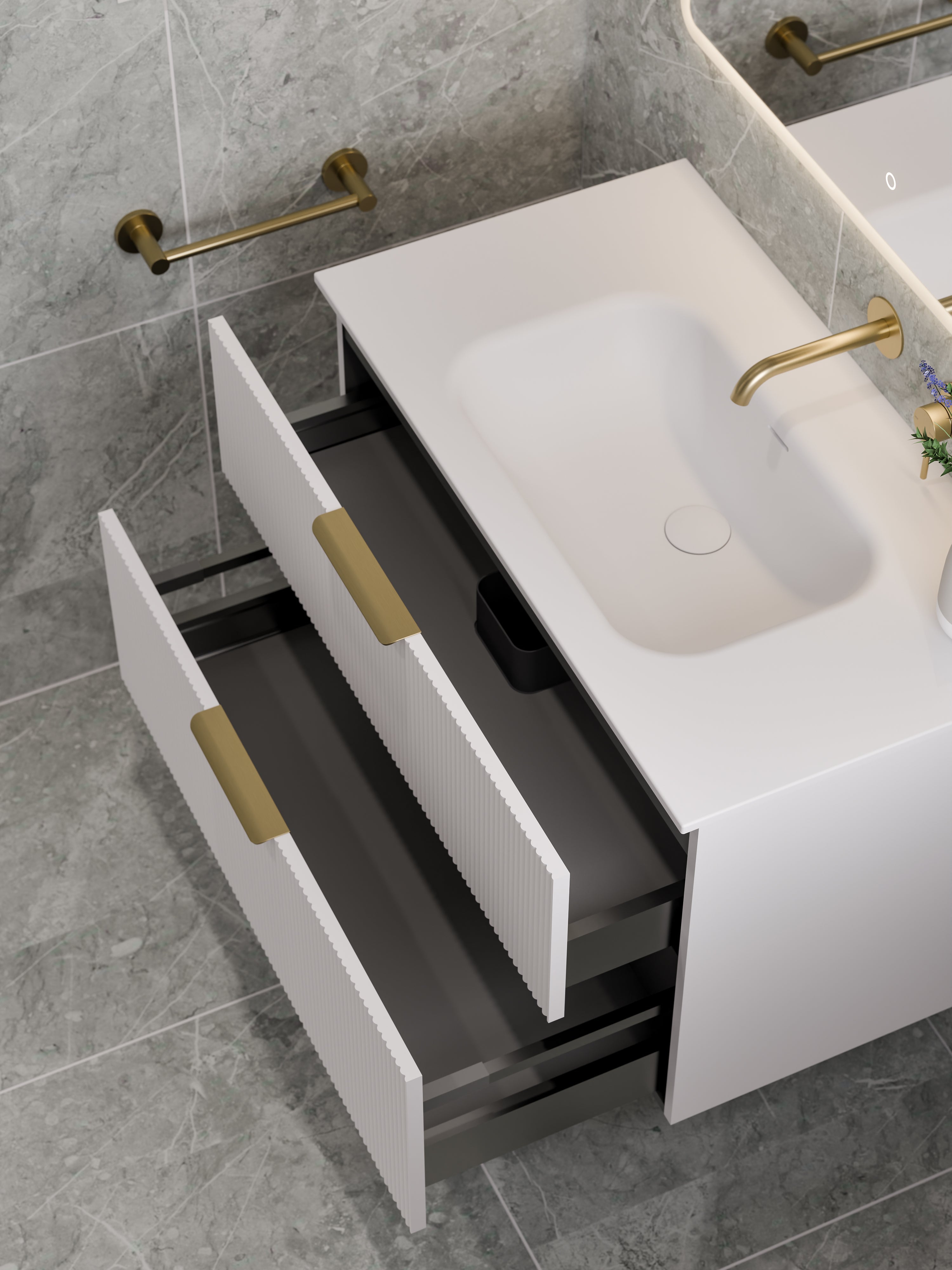 Lineare 900 Vanity | Double Drawer | Navarra Sink | Pillar Front