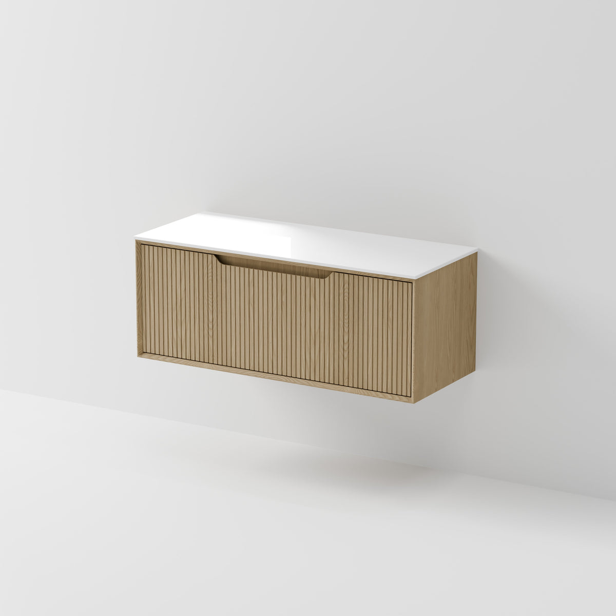 Aria 1200 wall hung vanity in ash veneer with Villastone solid surface top