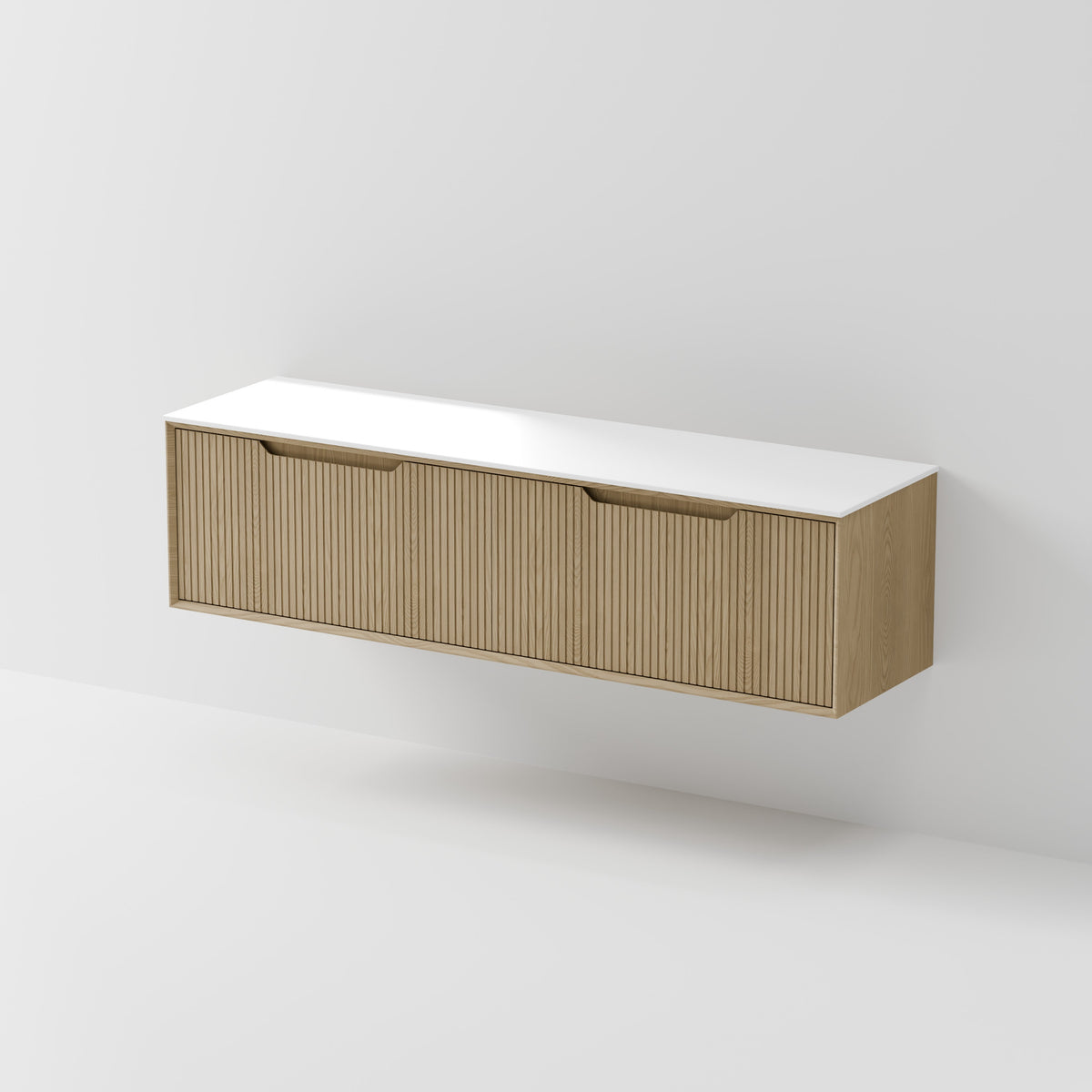 Aria 1800 wall hung double vanity with grooved ash drawer and Villastone top