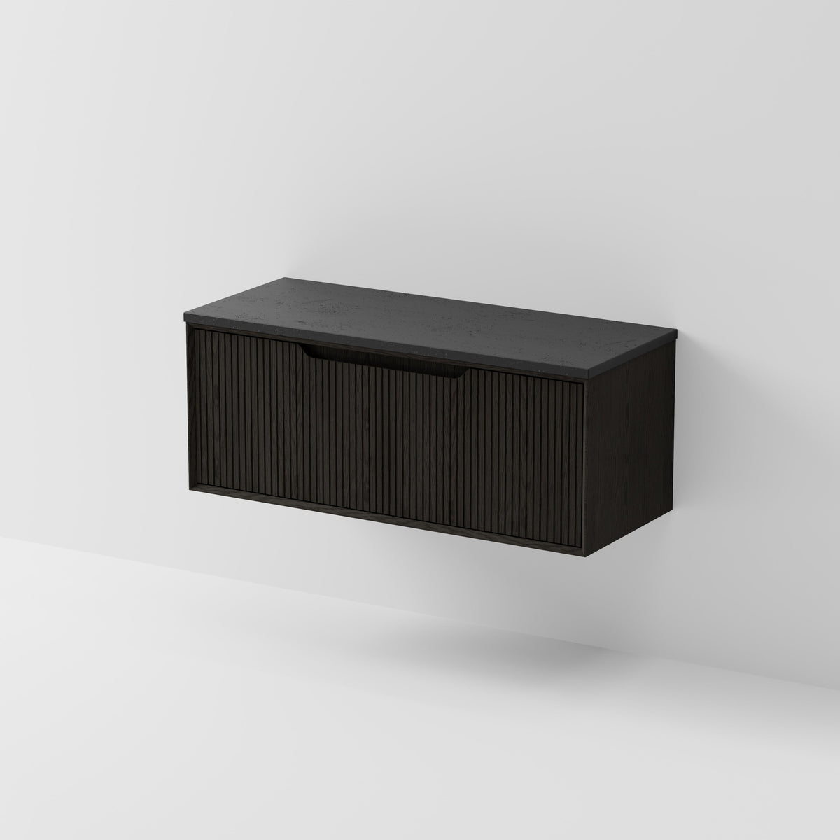 Aria 1200 wall hung vanity with vertical grooved drawer and concrete slab top