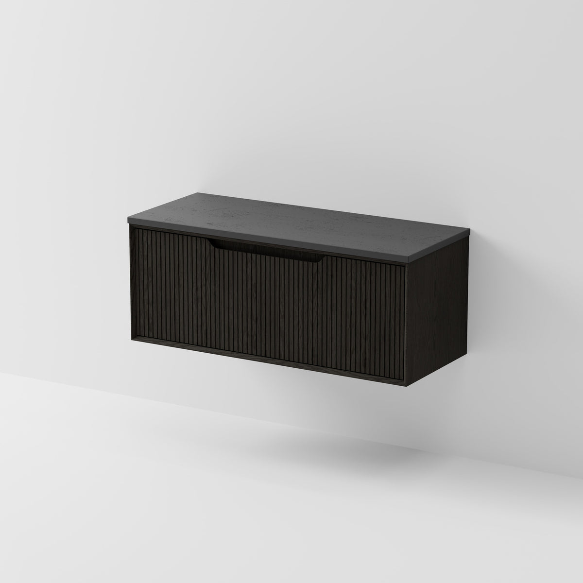 Aria 1200 wall hung vanity with vertical grooved drawer and concrete slab top
