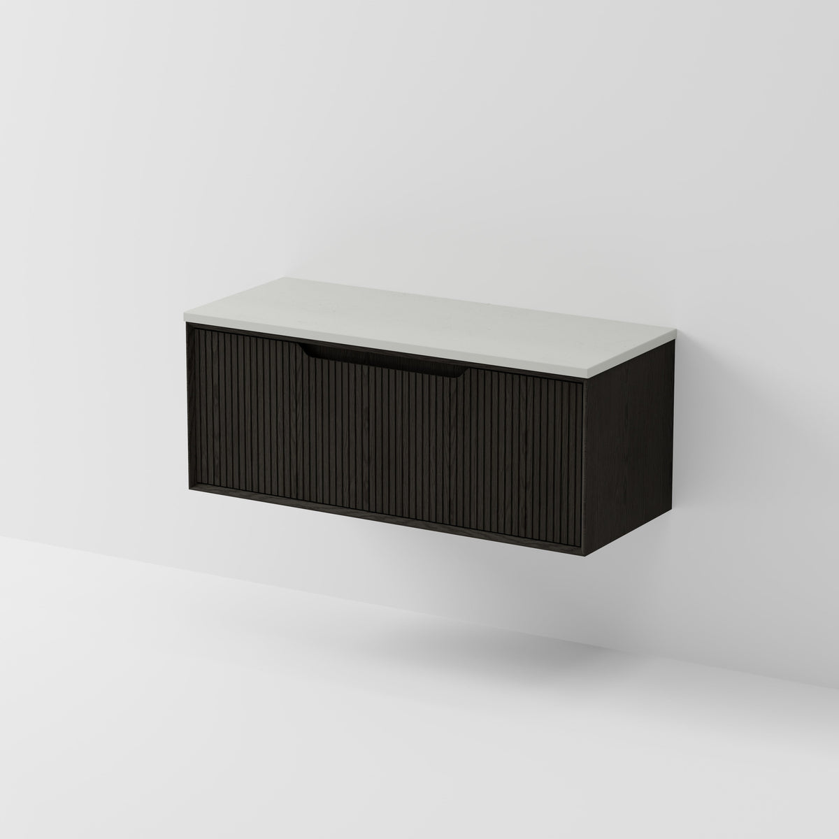 Aria 1200 wall hung vanity with vertical grooved drawer and concrete slab top