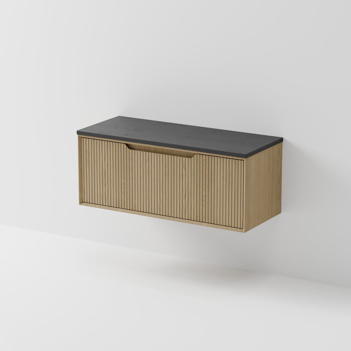 Aria 1200 wall hung vanity with vertical grooved drawer and concrete slab top