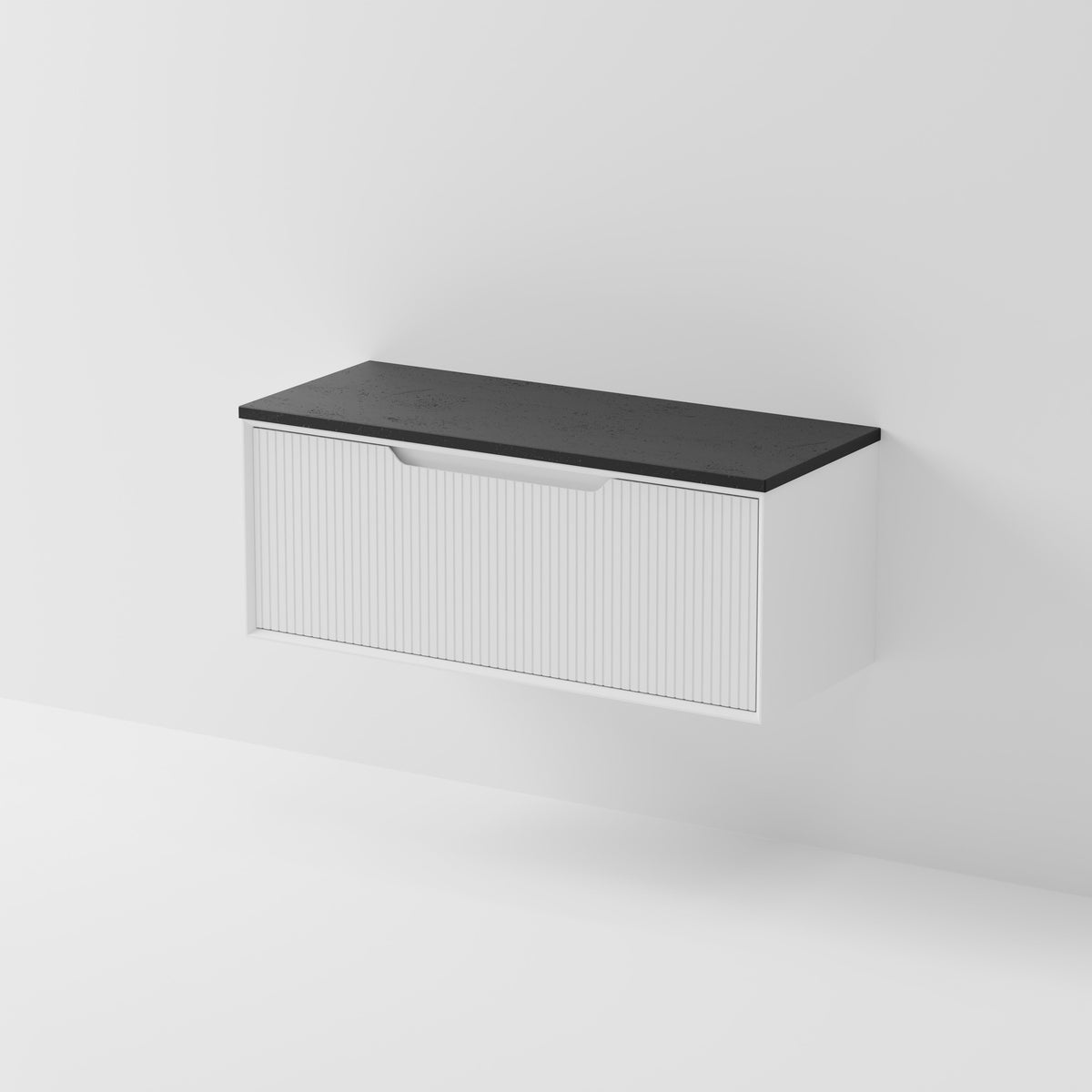 Aria 1200 wall hung vanity with vertical grooved drawer and concrete slab top