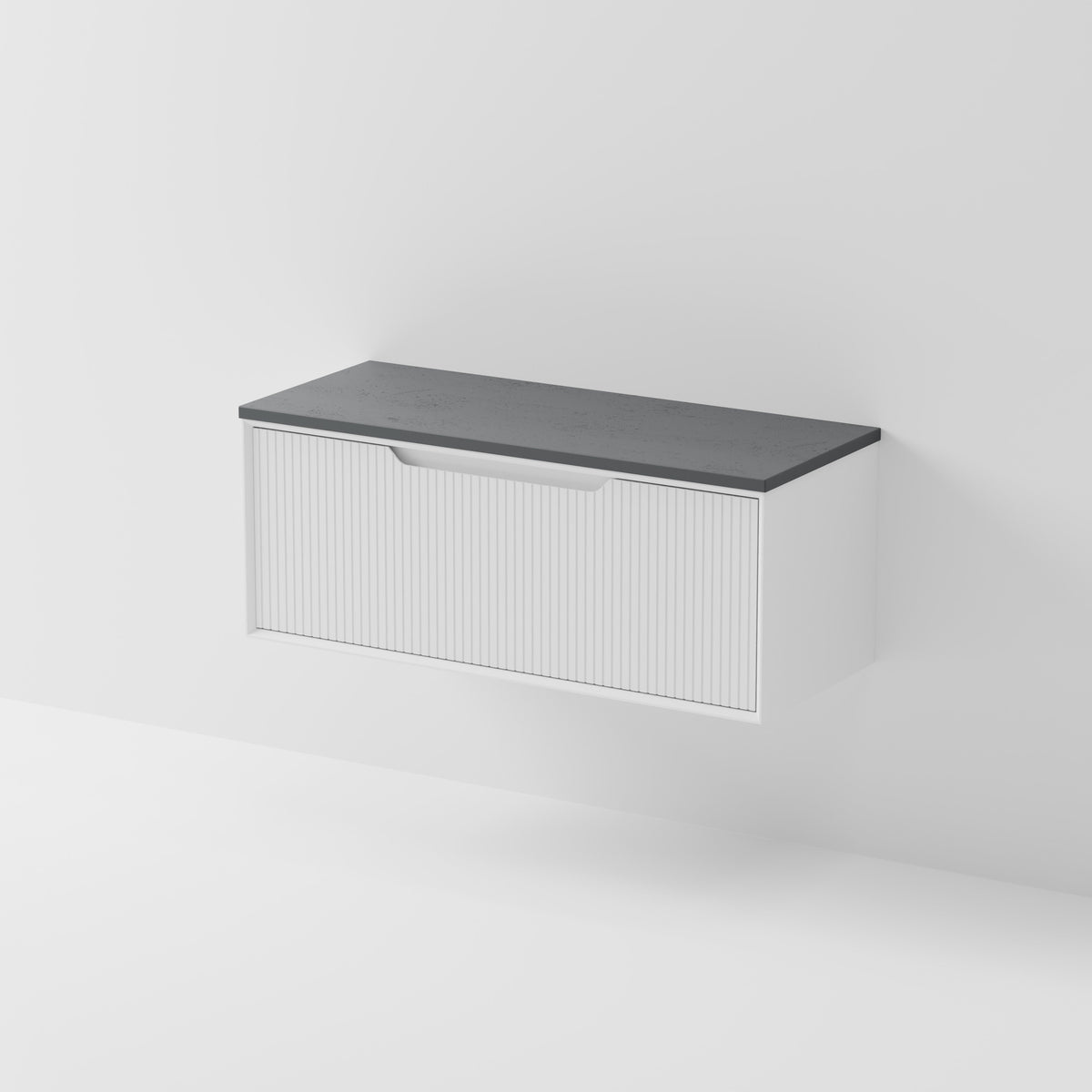 Aria 1200 wall hung vanity with vertical grooved drawer and concrete slab top