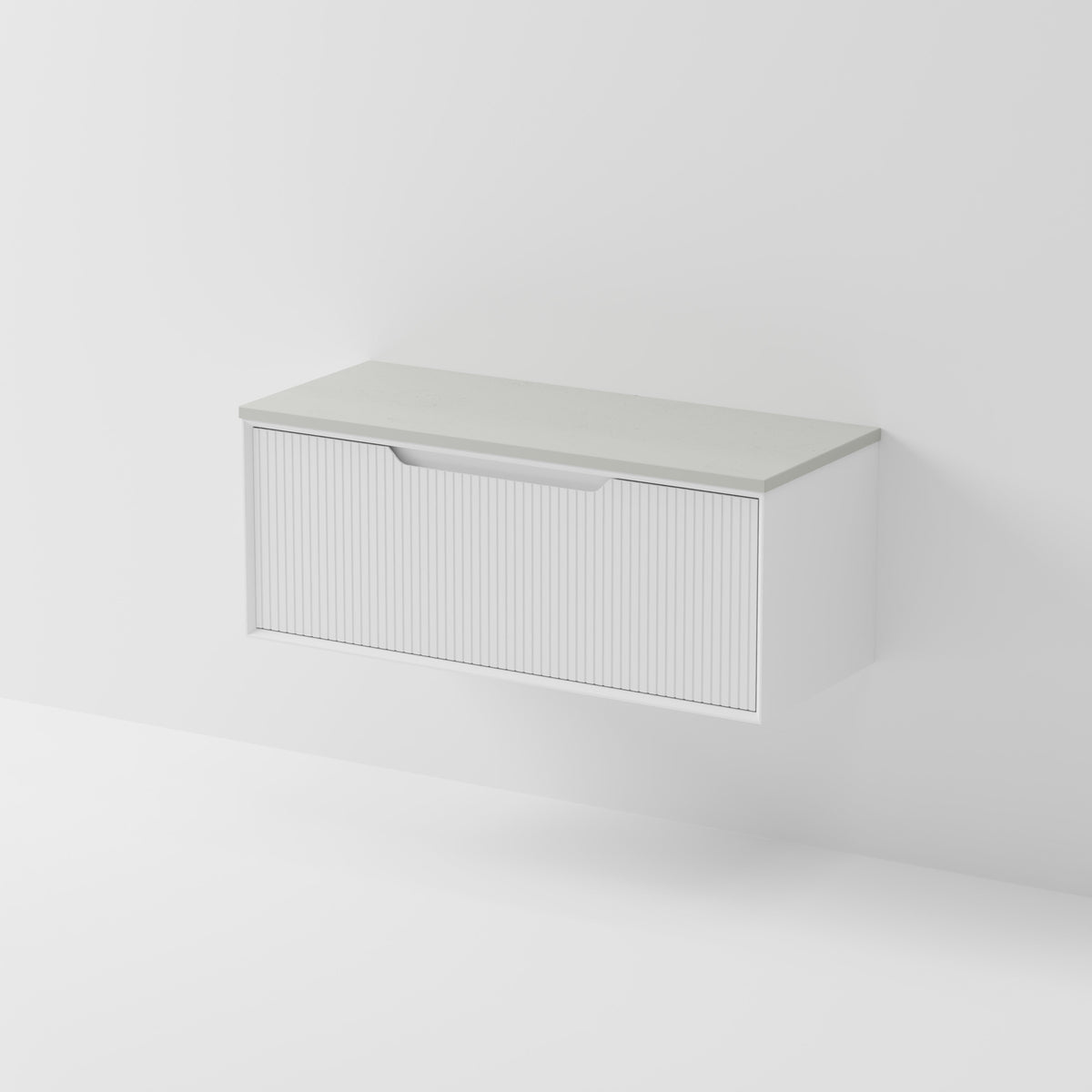 Aria 1200 wall hung vanity with vertical grooved drawer and concrete slab top