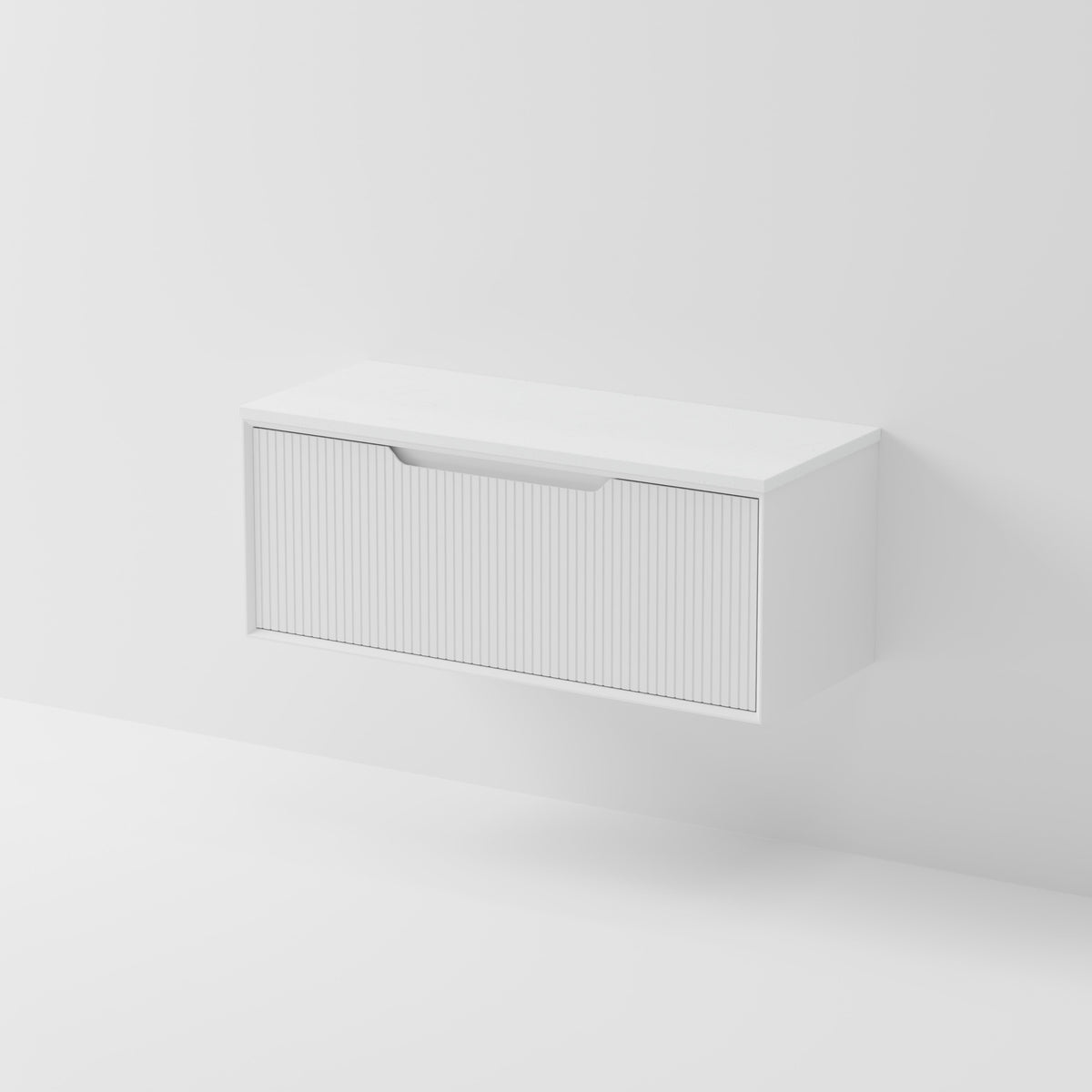 Aria 1200 wall hung vanity with vertical grooved drawer and concrete slab top