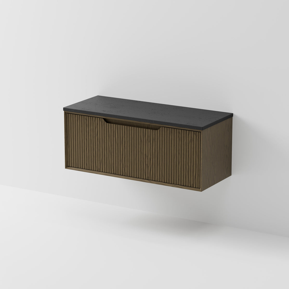 Aria 1200 wall hung vanity with vertical grooved drawer and concrete slab top