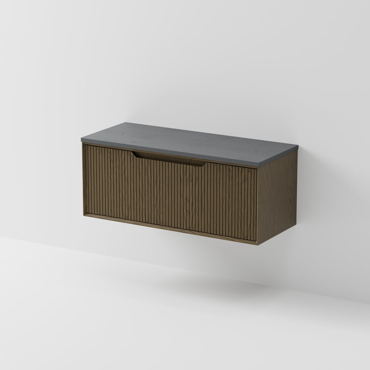 Aria 1200 wall hung vanity with vertical grooved drawer and concrete slab top