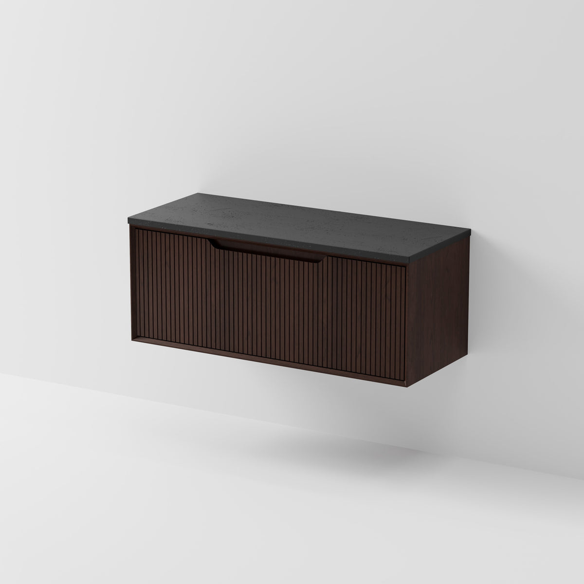 Aria 1200 wall hung vanity with vertical grooved drawer and concrete slab top