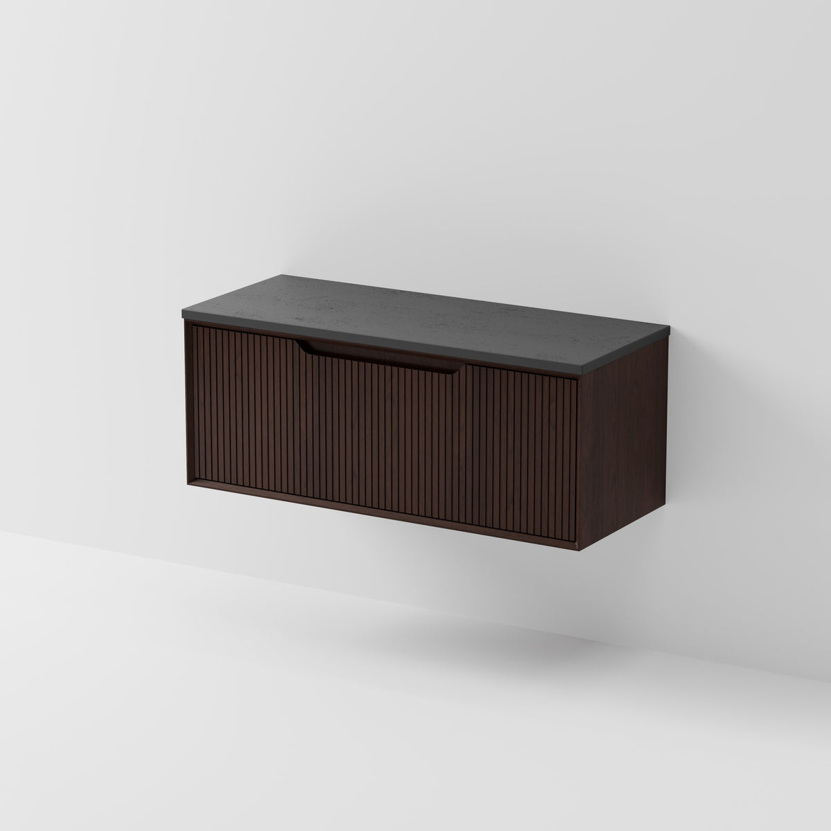 Aria 1200 wall hung vanity with vertical grooved drawer and concrete slab top