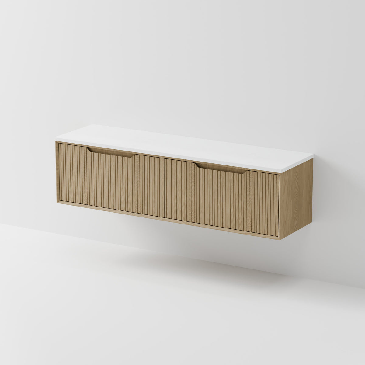 Aria 1800DB wall hung vanity with grooved ash drawer front and concrete slab top