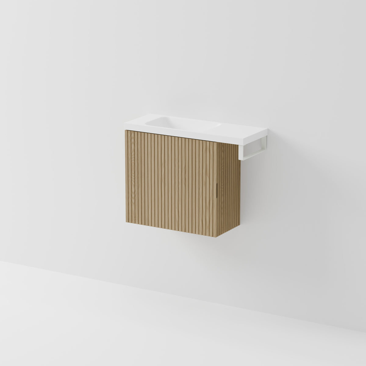 Aria 550 WC wall hung vanity in ash with offset white basin and hand towel rail