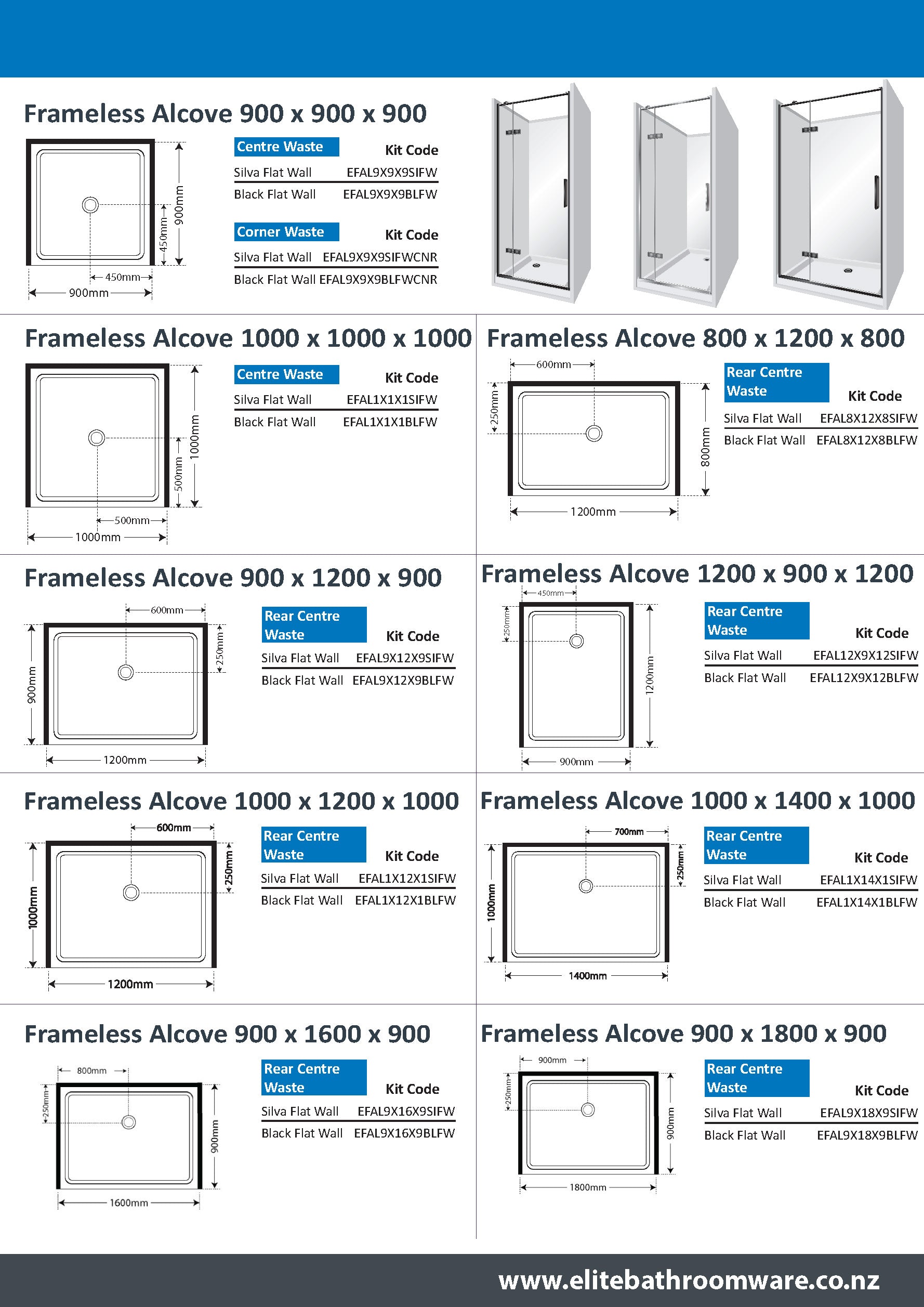 ELITE FRAMELESS ACRYLIC LUXURY SWING DOOR 3 SIDED ALCOVE SHOWER KITS - 2 COLOURS