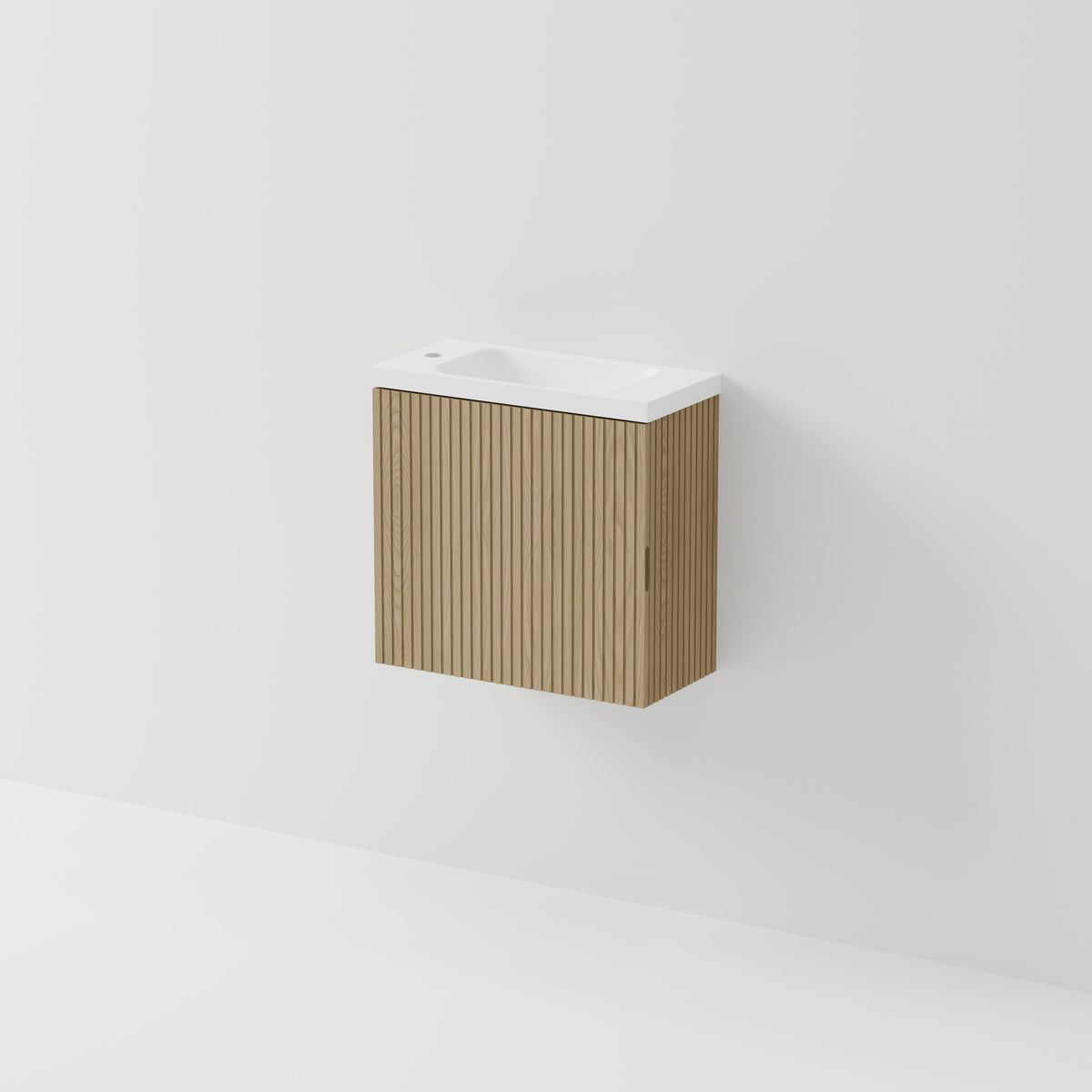 Aria 550 WC wall hung vanity in ash veneer with integrated white basin top