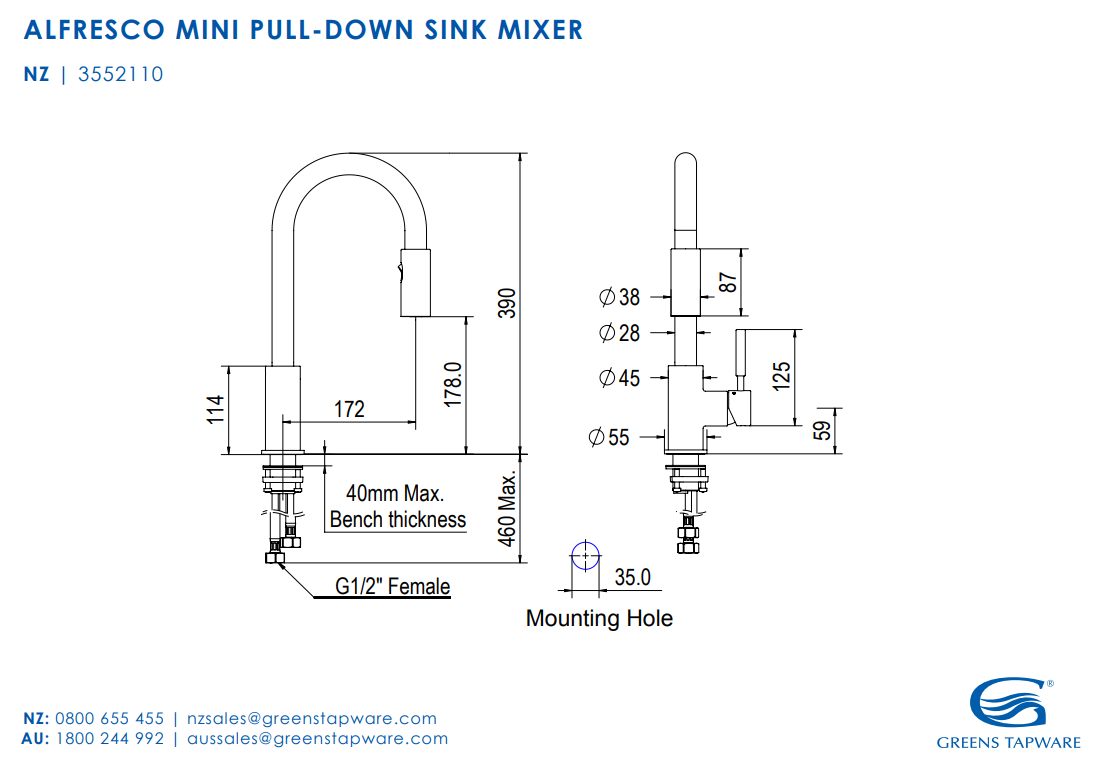 GREENS ALFRESCO MINI PULL DOWN KITCHEN MIXER