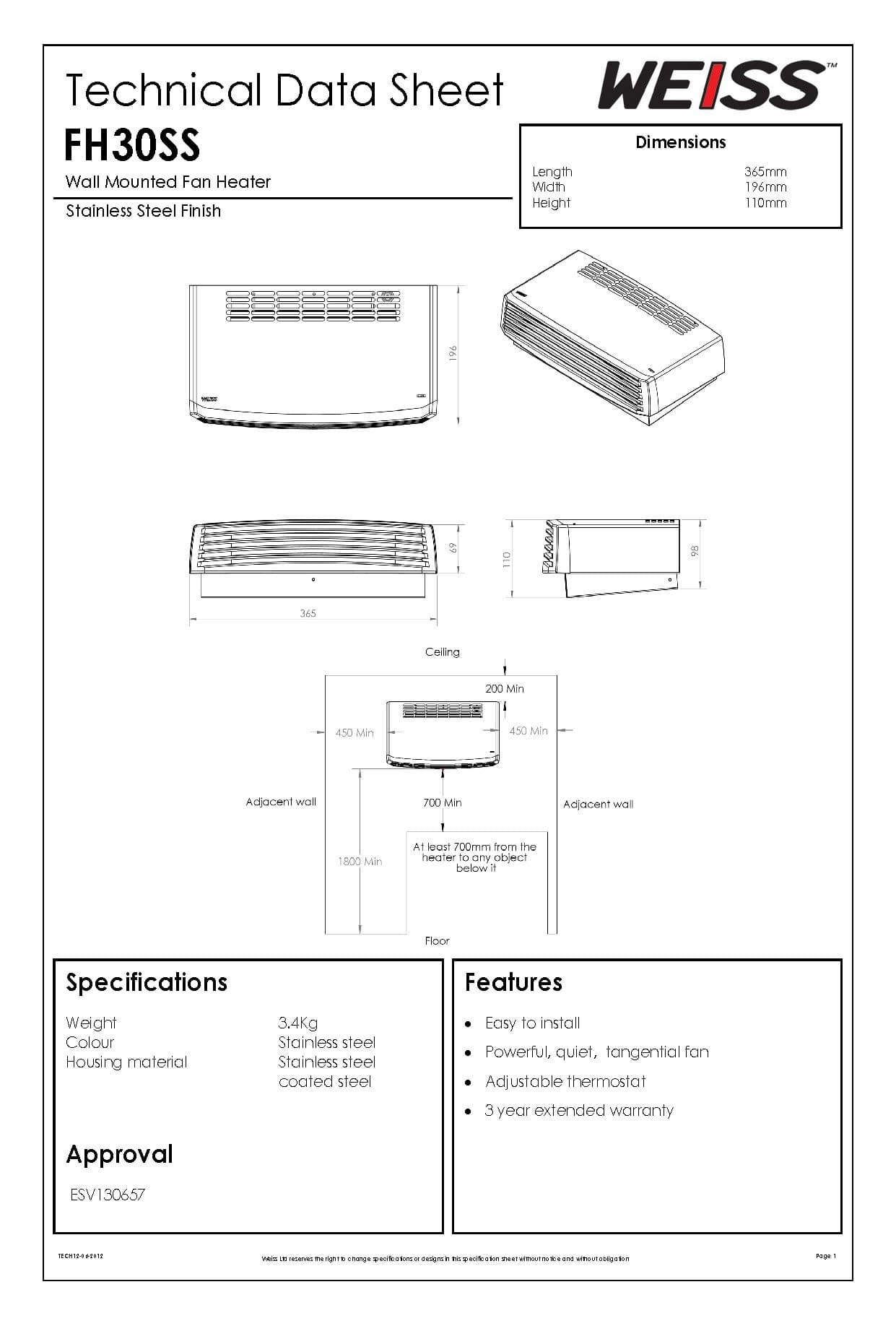 WEISS TANGENTIAL WALL-MOUNTED FAN HEATER