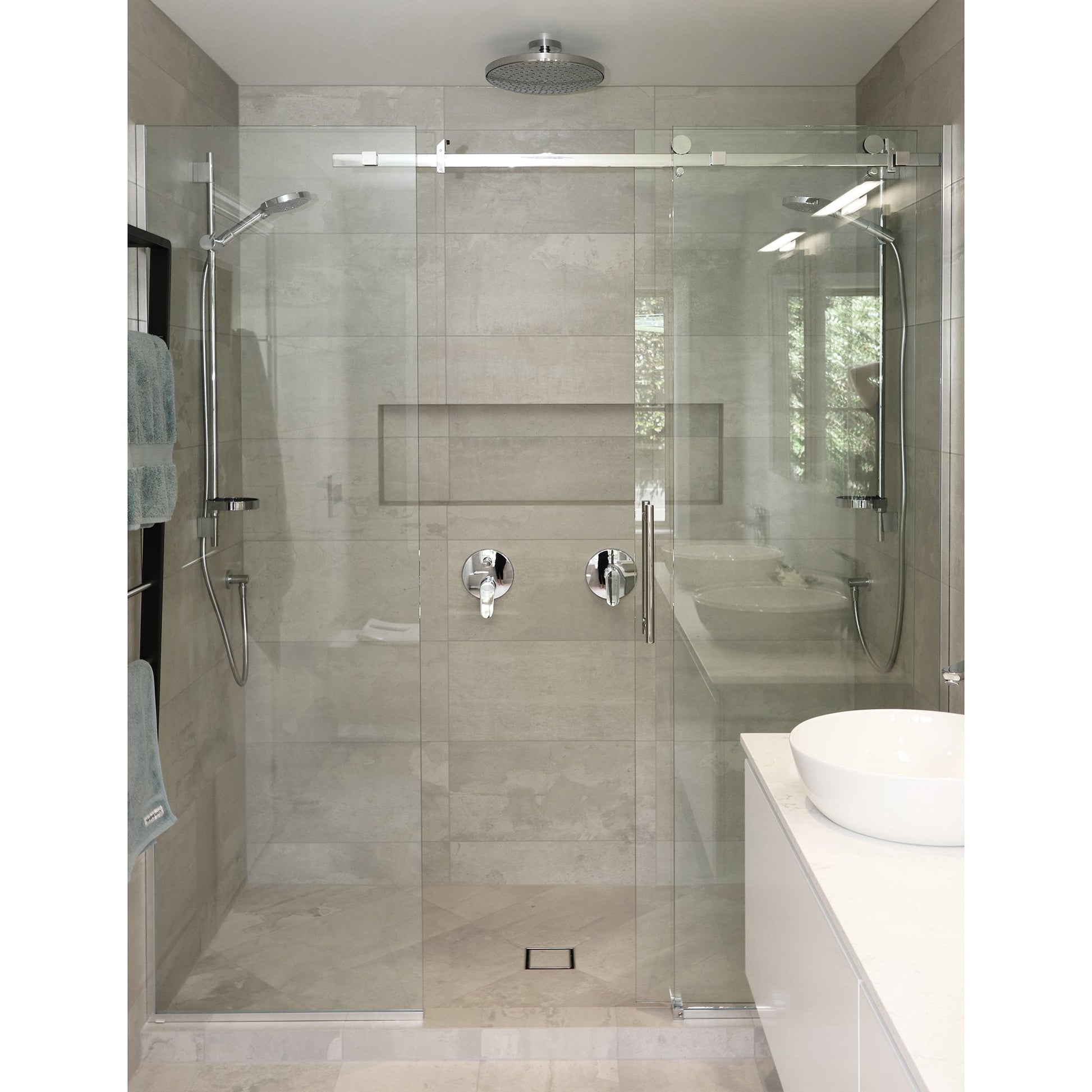 LUXURY ALCOVE TILED FRAMELESS SLIDING SHOWER KIT CHROME - CHANNEL DRAIN