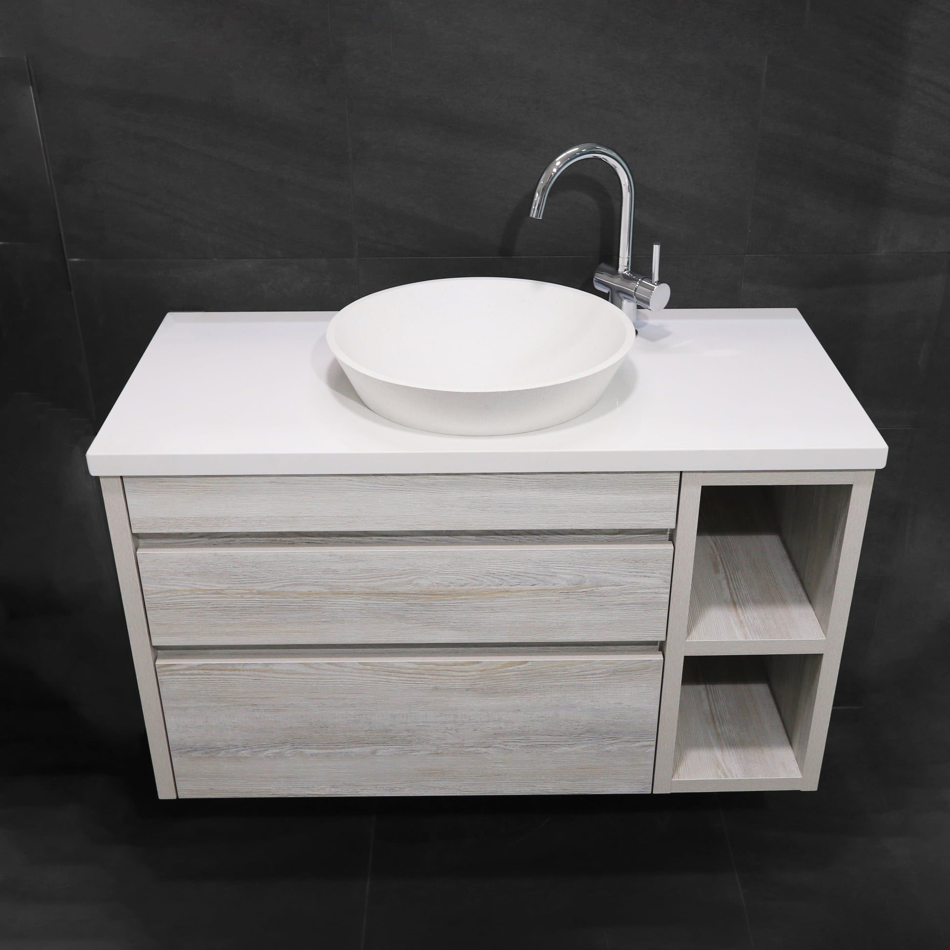 ASHTON WALLHUNG 2 DRAWER VANITY WITH DOUBLE SIDE SHELF