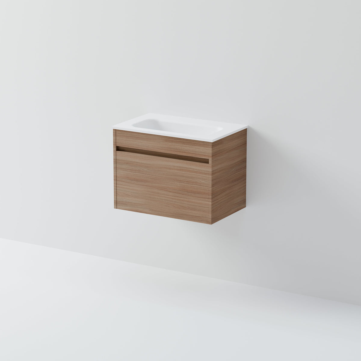 Luxe 600 slim wall hung vanity with handle-free drawer and white basin top