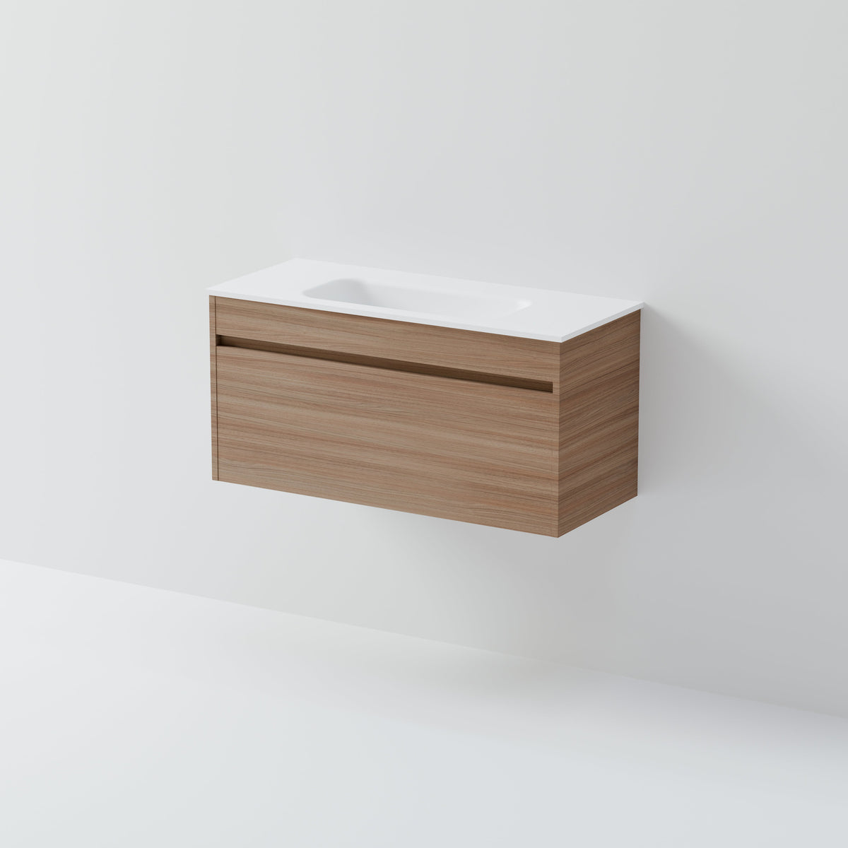 Luxe 900 slim wall hung vanity with single handle-free drawer and white top