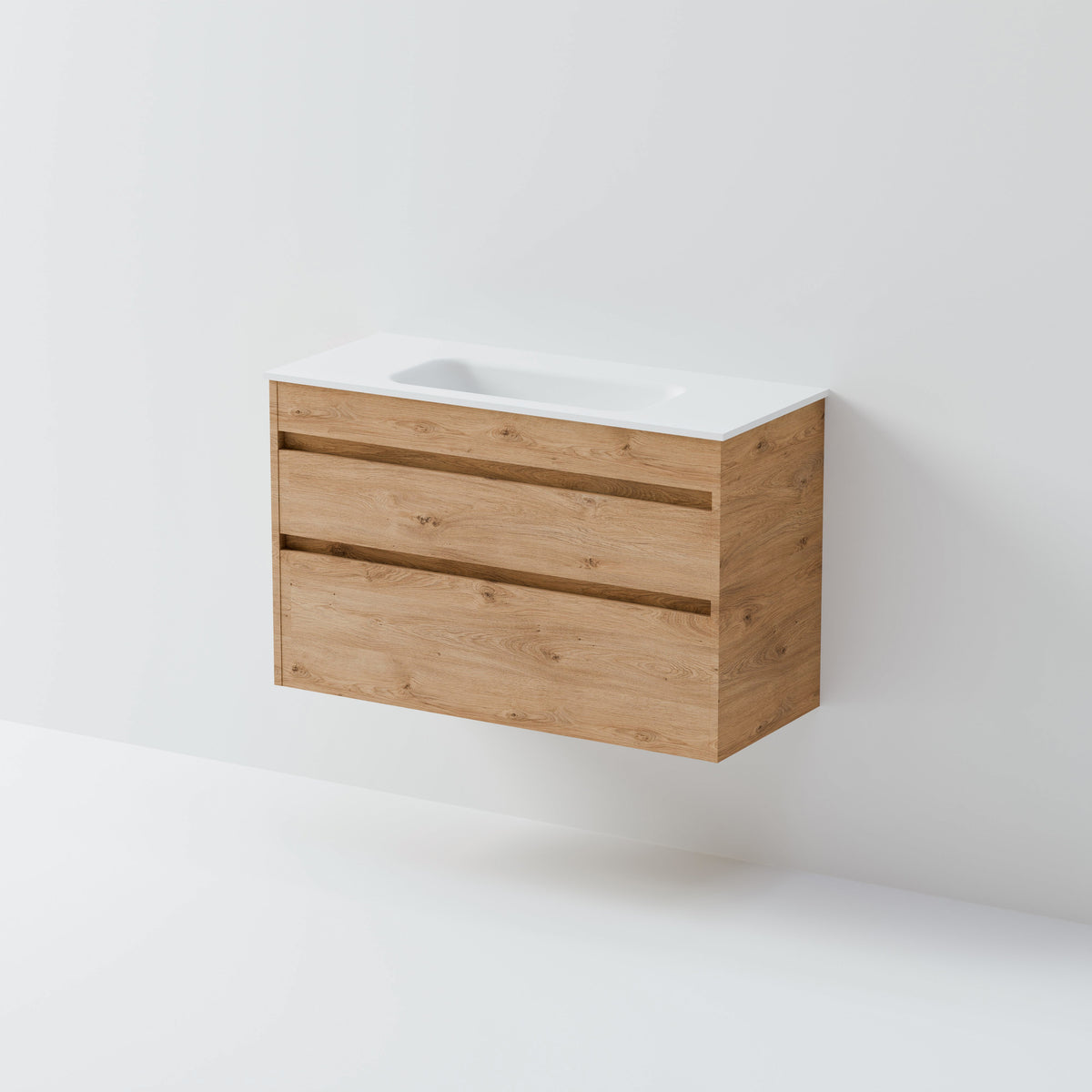 Luxe 900 slim wall hung vanity with two handle-free drawers and inset basin