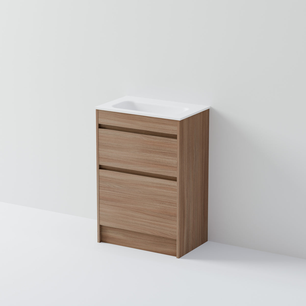 Luxe 600 slim floorstanding vanity with two drawers and white basin top