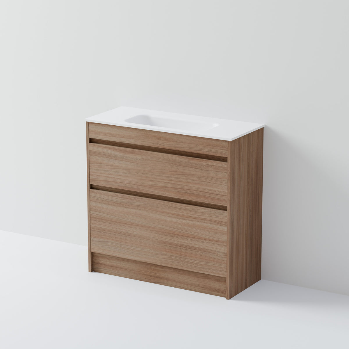 Luxe 900 slim floorstanding vanity with two handle-free drawers and white top