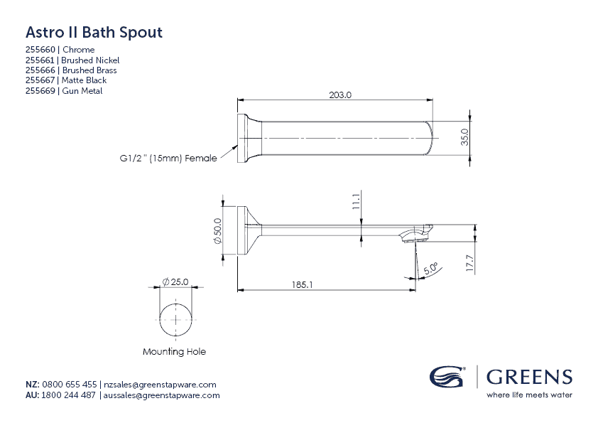 GREENS ASTRO II BATH SPOUT - 5 COLOURS