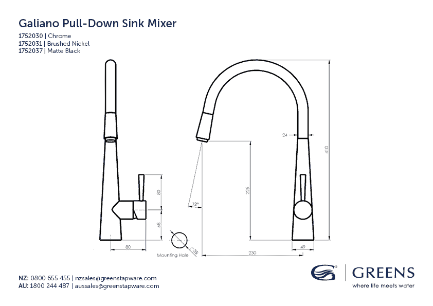 GREENS GALIANO PULLOUT SINK MIXER RANGE
