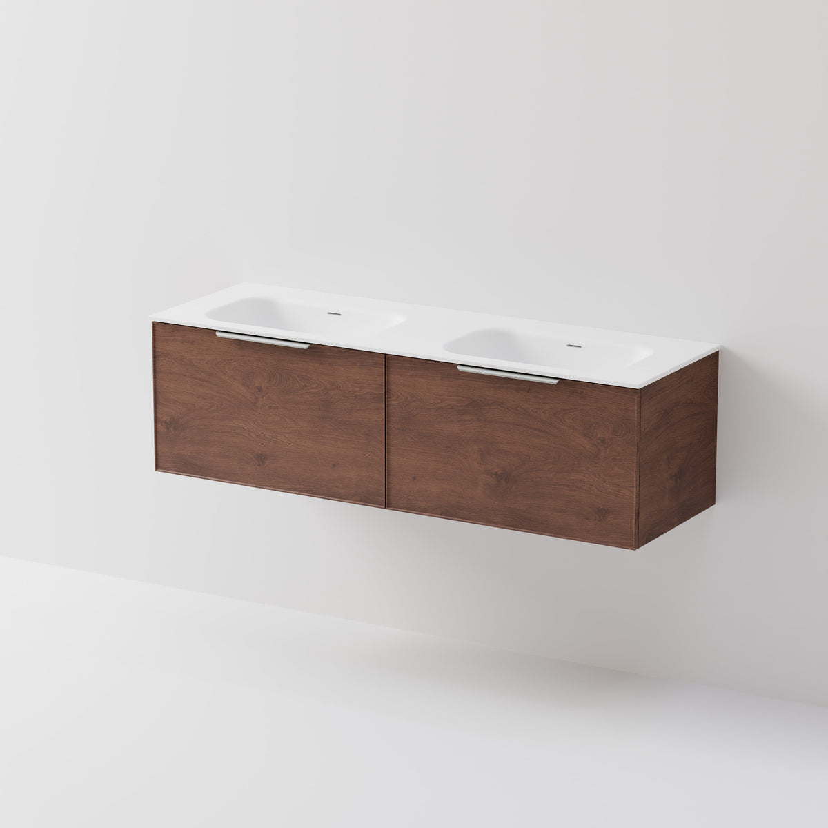 Lineare 1500 wall hung vanity with two drawers and double white inset basin