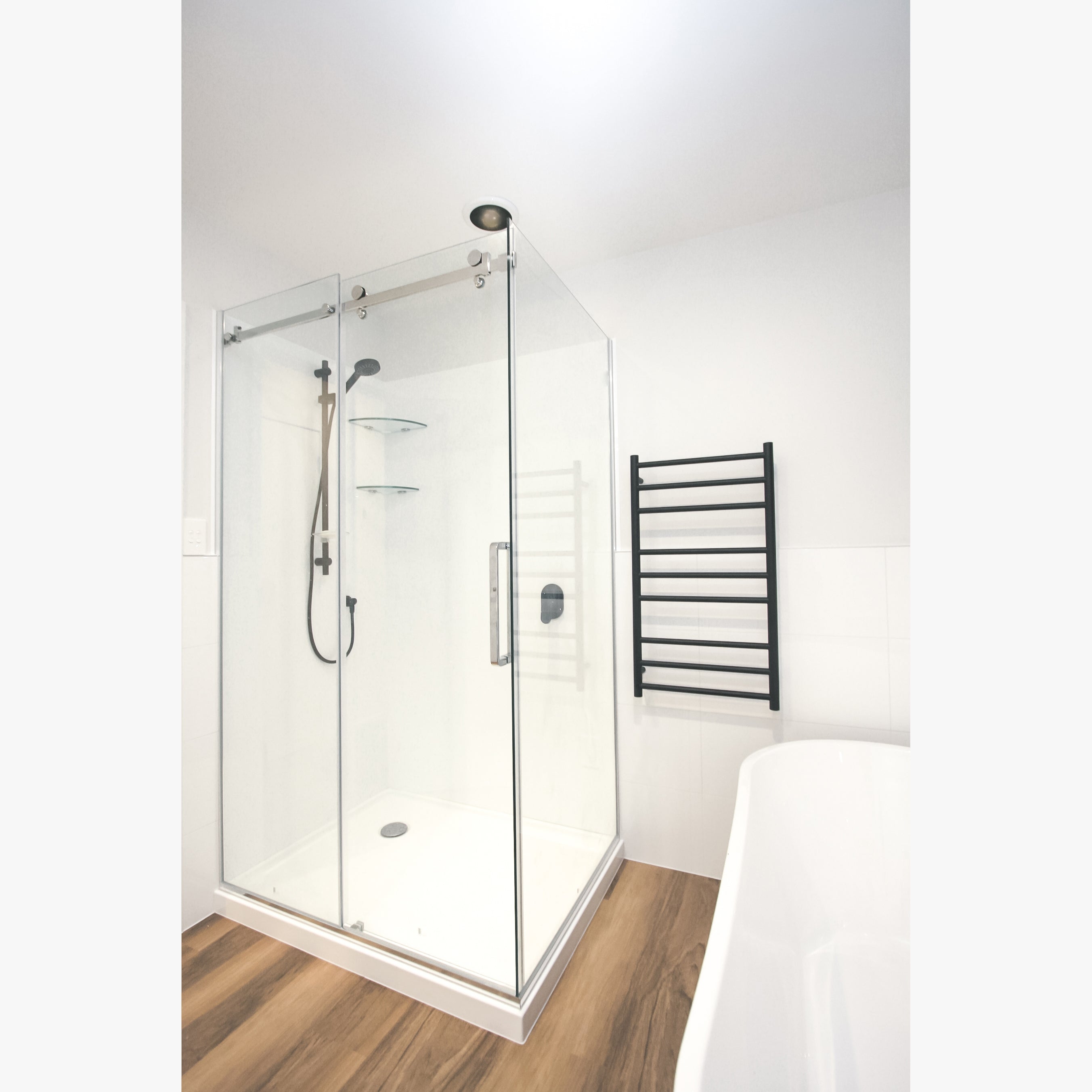ELITE ACRYLIC LUXURY FRAMELESS 2 PANEL SLIDING SHOWER KIT - 2 COLOURS