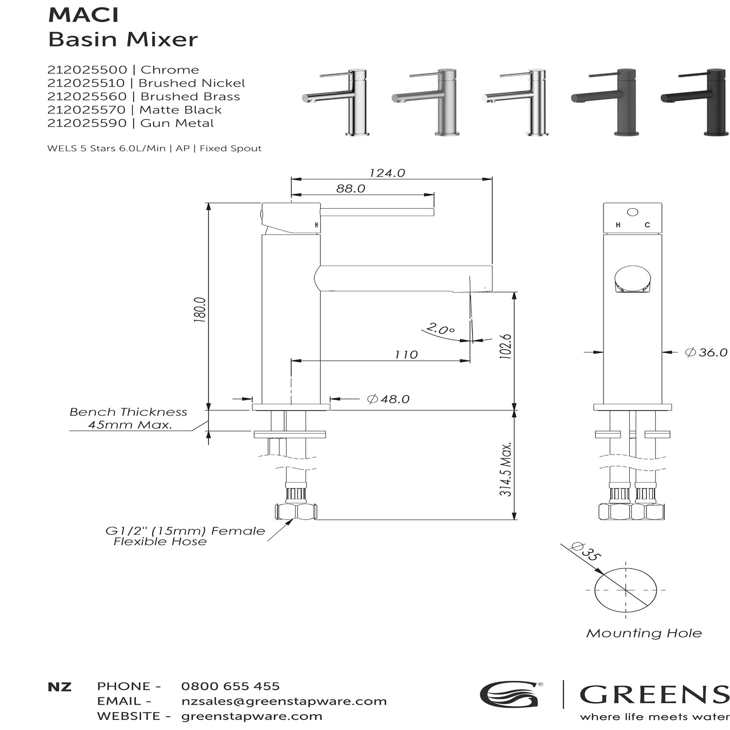 GREENS MACI BASIN MIXER - 5 COLOURS