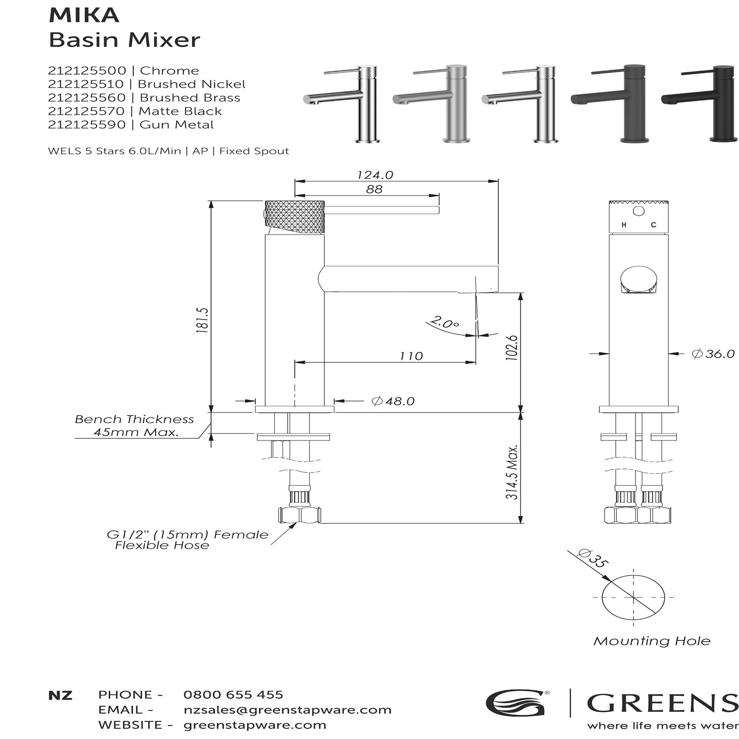 GREENS MIKA BASIN MIXER - 3 COLOURS