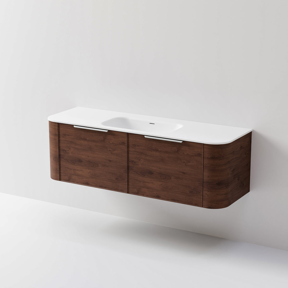 Nature 1500 wall hung vanity with single inset basin and two curved drawers