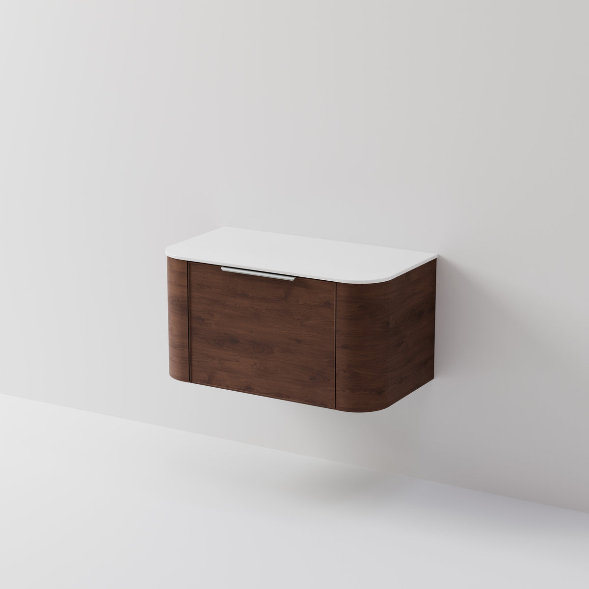 Nature 900 wall hung vanity with curved cabinet, drawer fronts and slab top