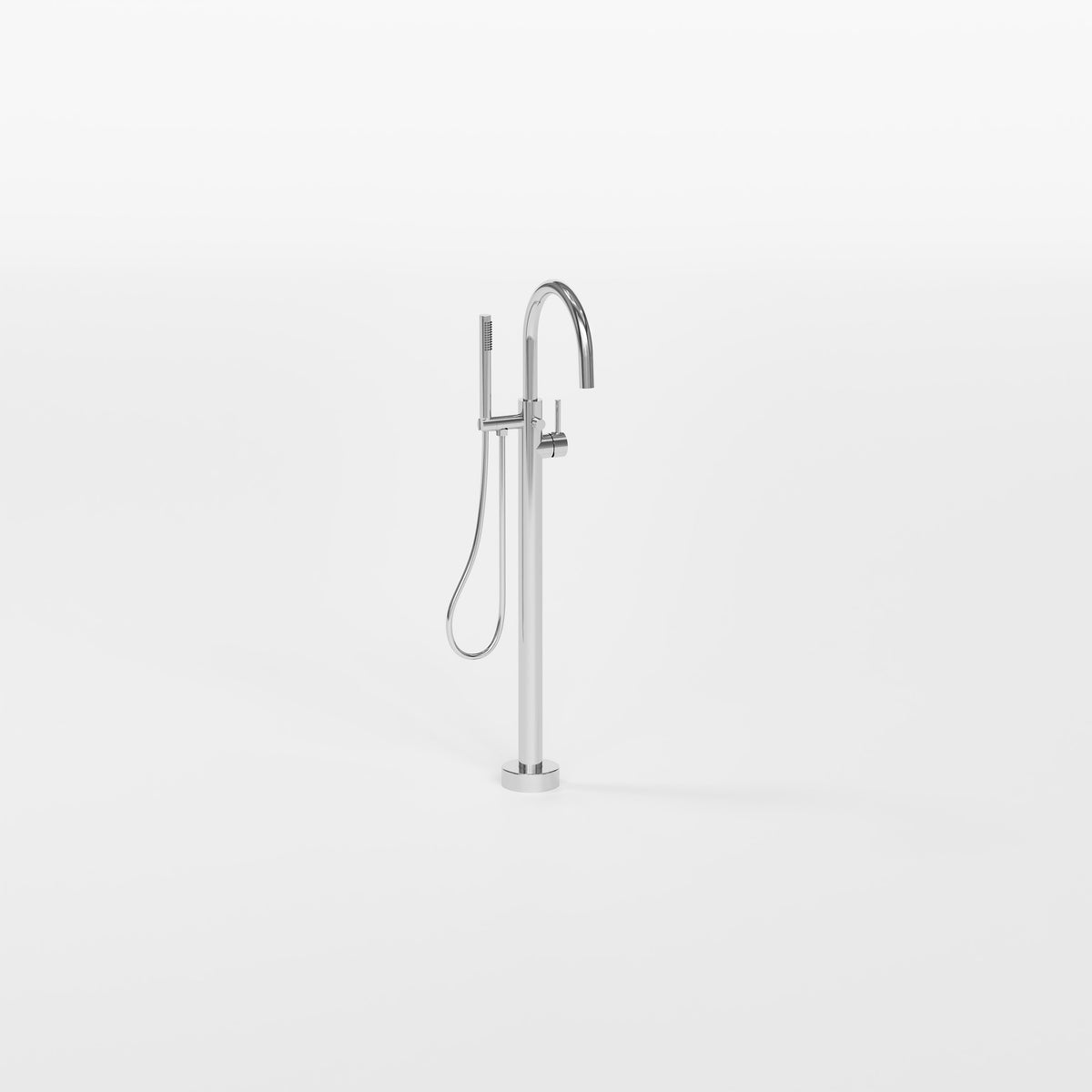 Nature floorstanding bath filler with hand spray beside a freestanding bath