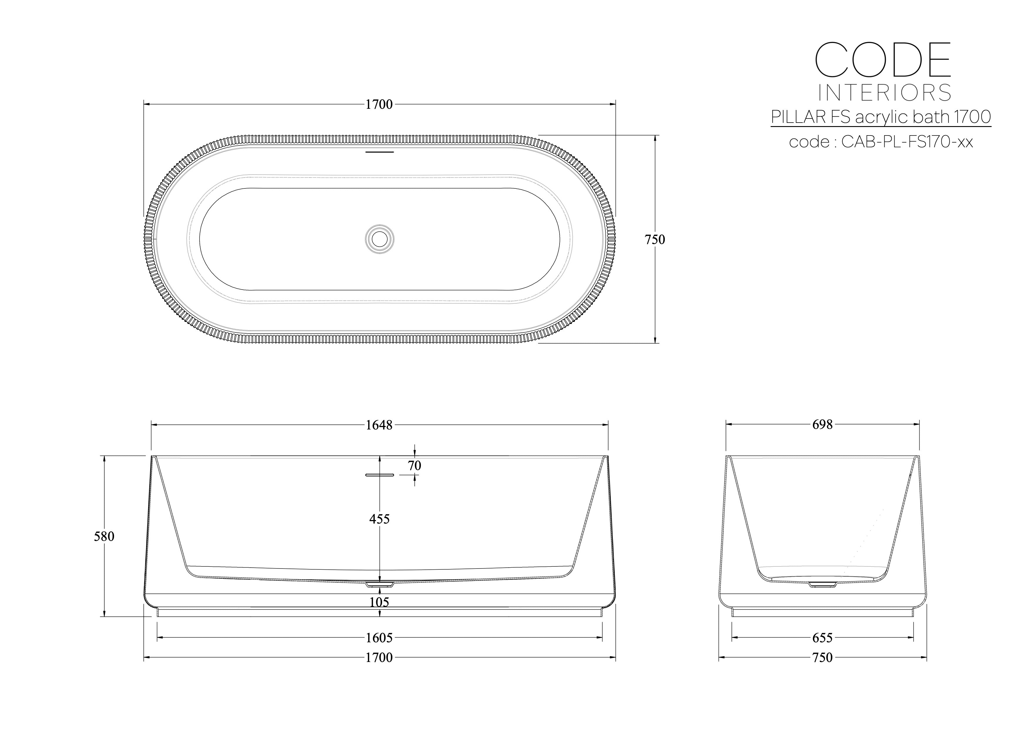 CODE PILLAR ACRYLIC 1700 FREESTANDING BATH