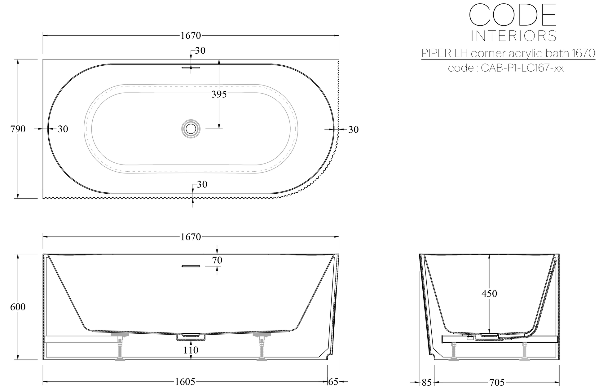 CODE ENDURA PIPER 1670 ACRYLIC CORNER BATH