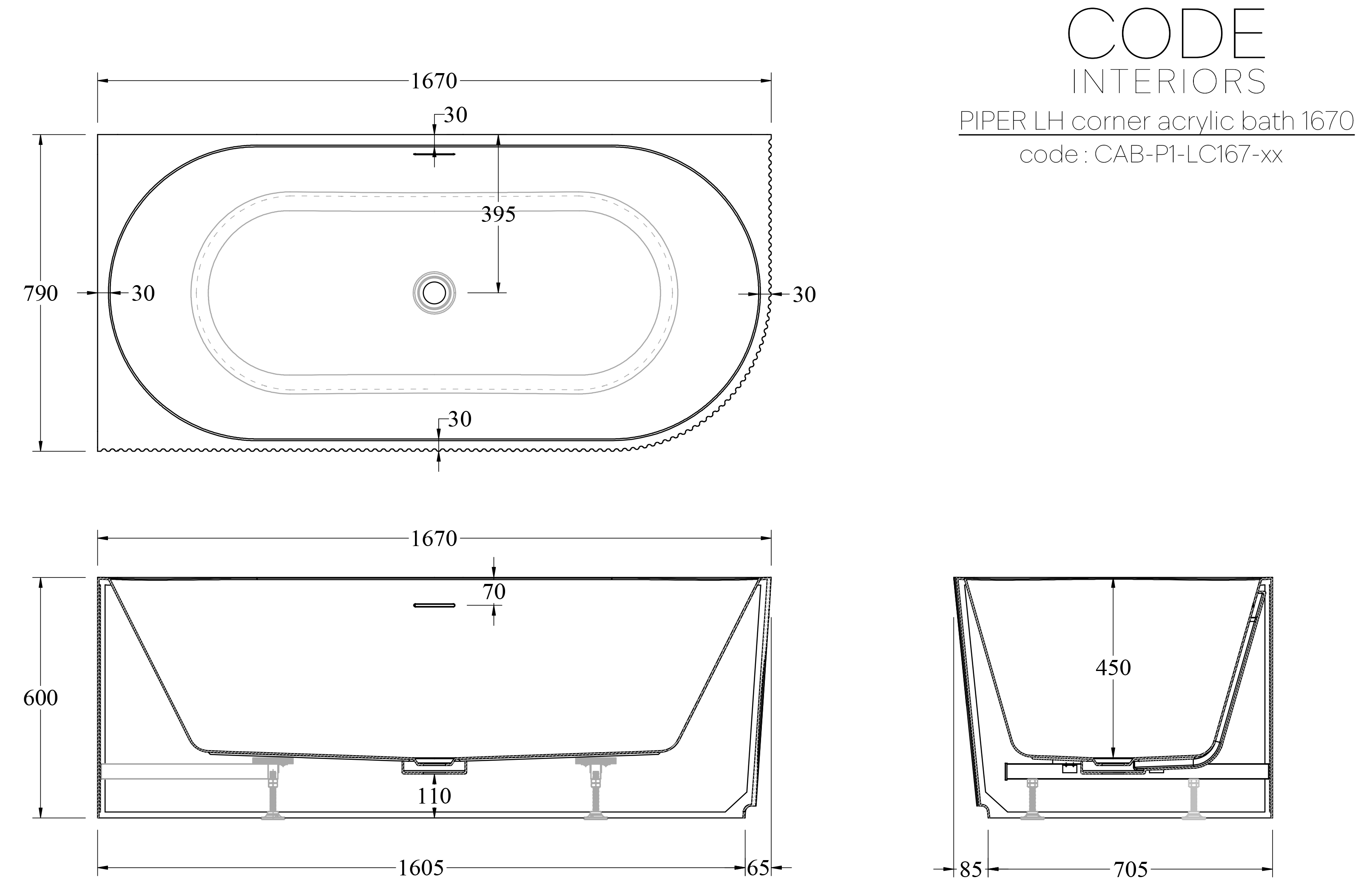 CODE ENDURA PIPER 1670 ACRYLIC CORNER BATH