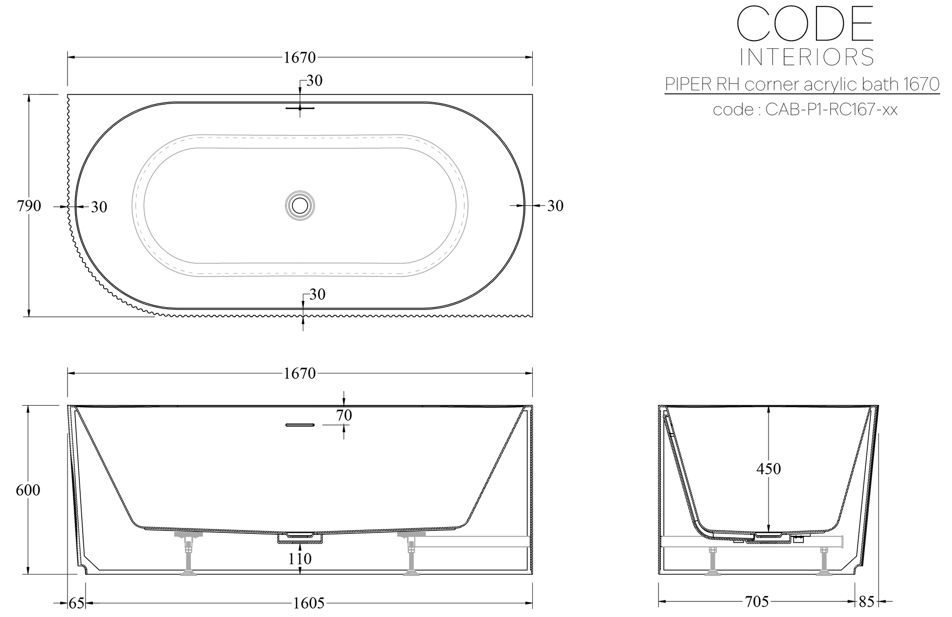 CODE ENDURA PIPER 1670 ACRYLIC CORNER BATH