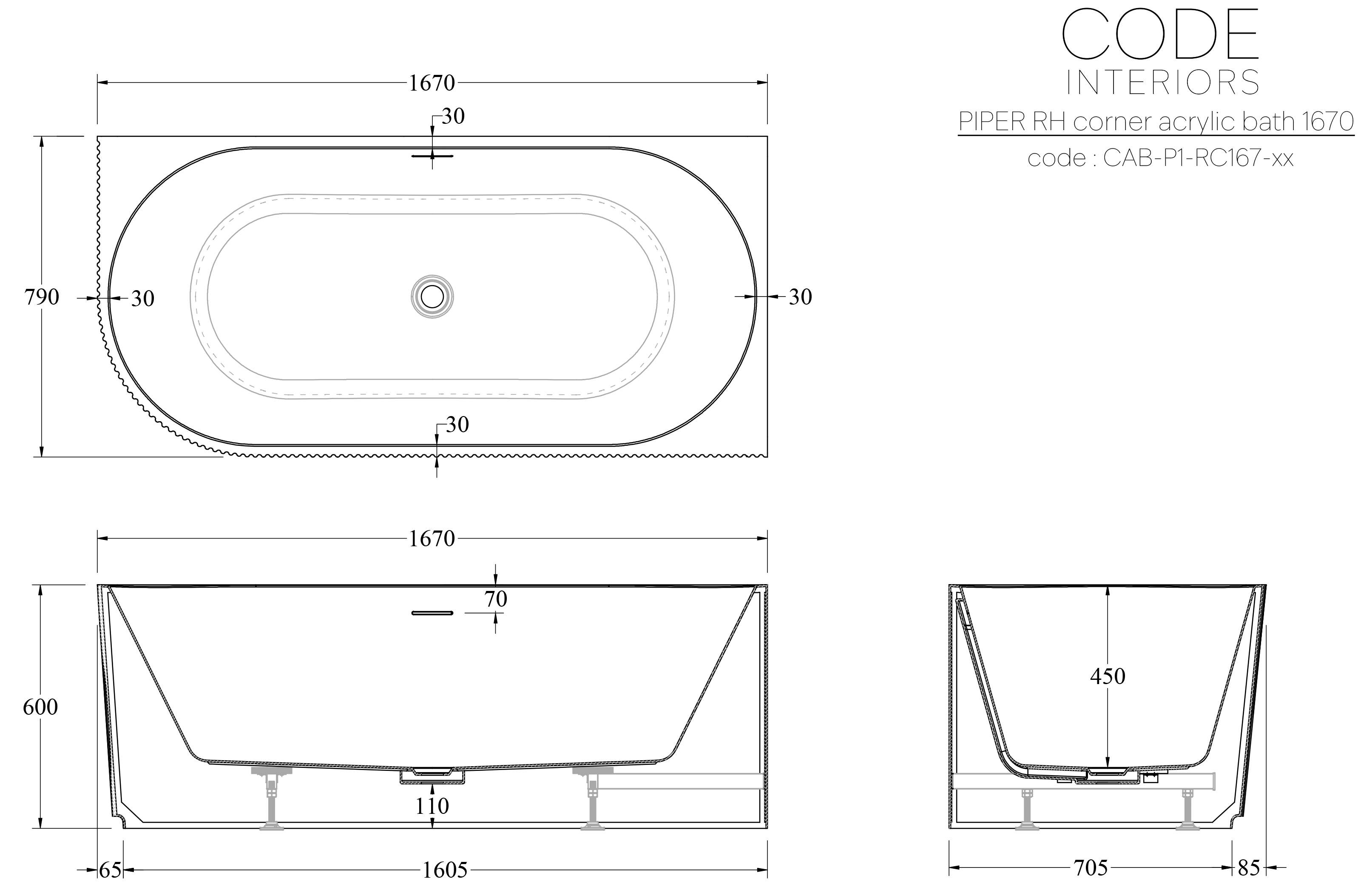 CODE ENDURA PIPER 1670 ACRYLIC CORNER BATH