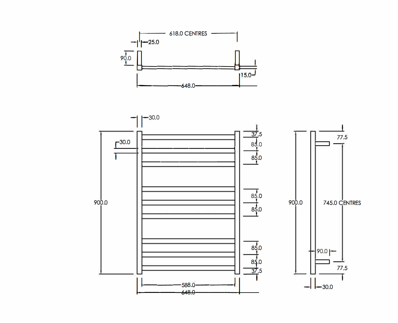 12VOLT CODE SQUARE HEATED TOWEL LADDERS 900X650MM RANGE