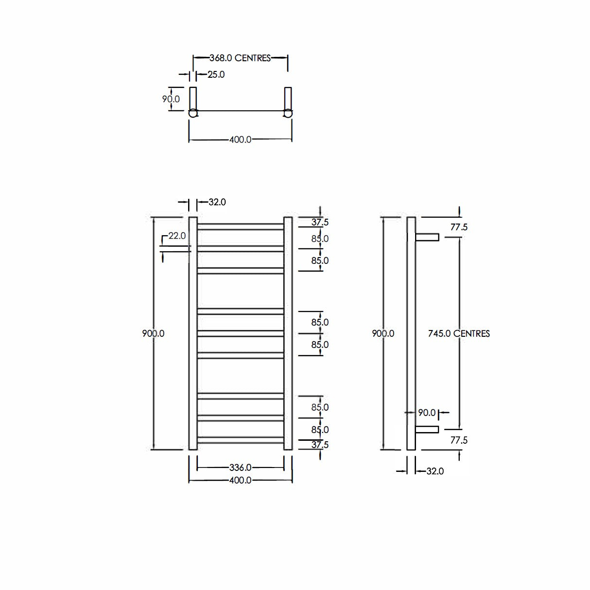 CODE ROUND HEATED TOWEL LADDER 900X400MM - 6 COLOURS