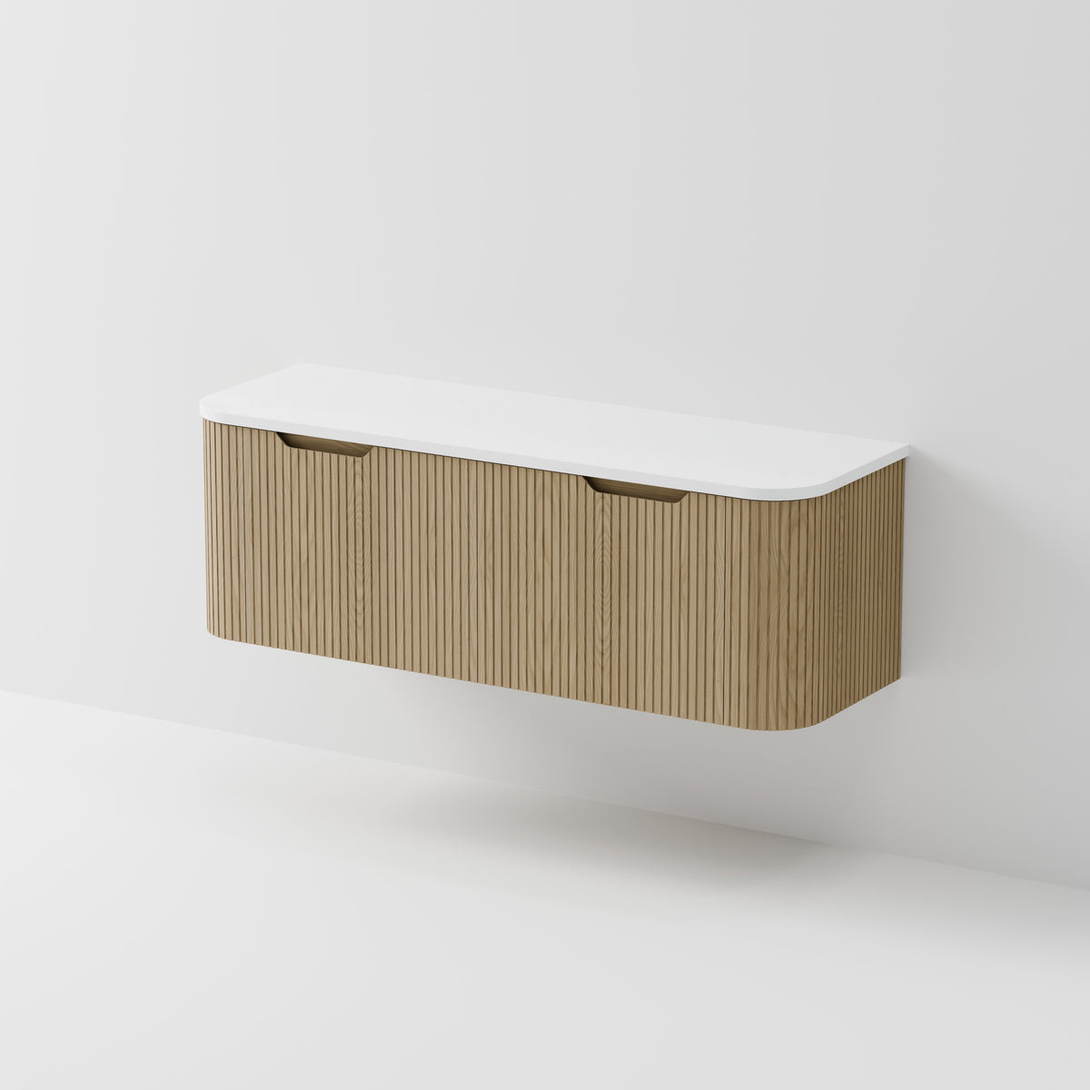 Sora 1500DB wall hung vanity with curved end panel and concrete slab top